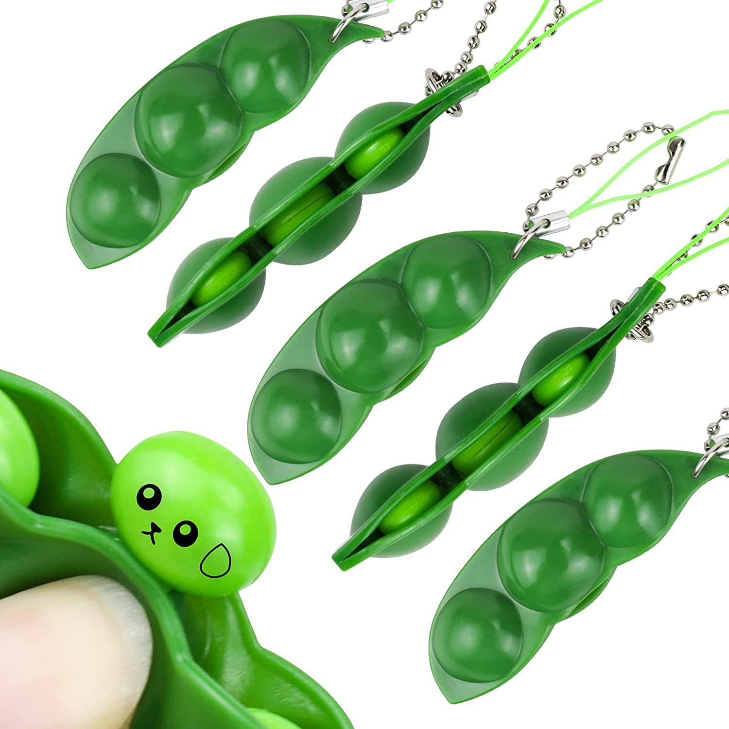 YHRY 6 Pcs Squeeze-a-Bean Toys, Squeeze Beans Keychain, Pea Poppers Keychain, Funny Expression Bean, Pea Pod Fidget Toys, Extrusion Edamame Keychain Keyring for Release Stress and Anxiety, Green
