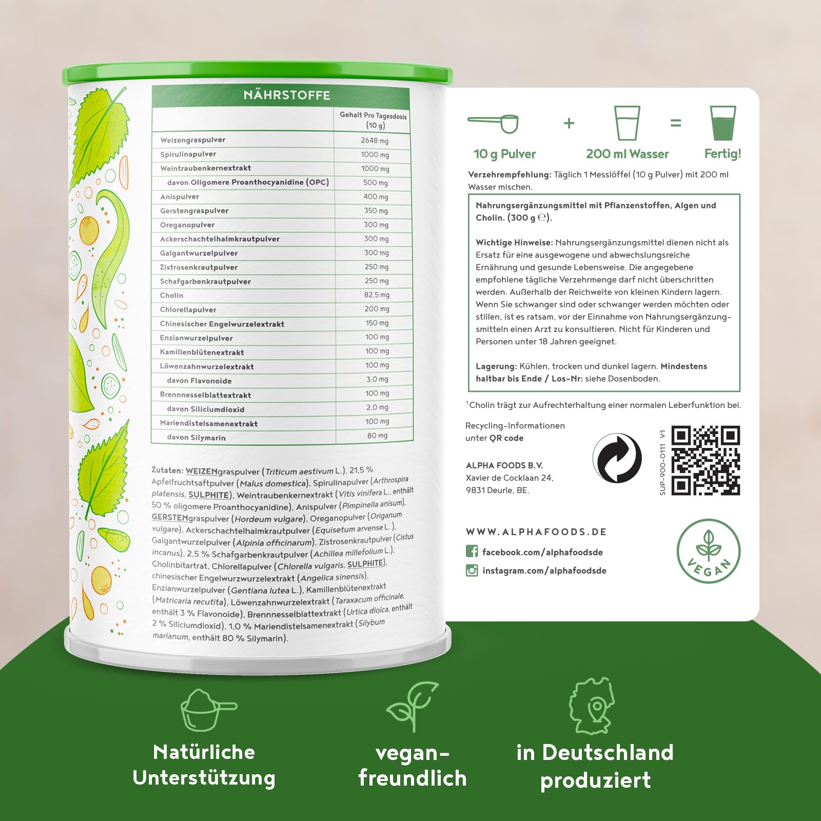 Leber Komplex Elixier 2.0 | 300g Vegan Pulver | Leberkur mit Weizengras, Spirulina, Cholin, Gerstengras, Brennnessel, Mariendistel, Löwenzahn, Chlorella | Alpha Foods