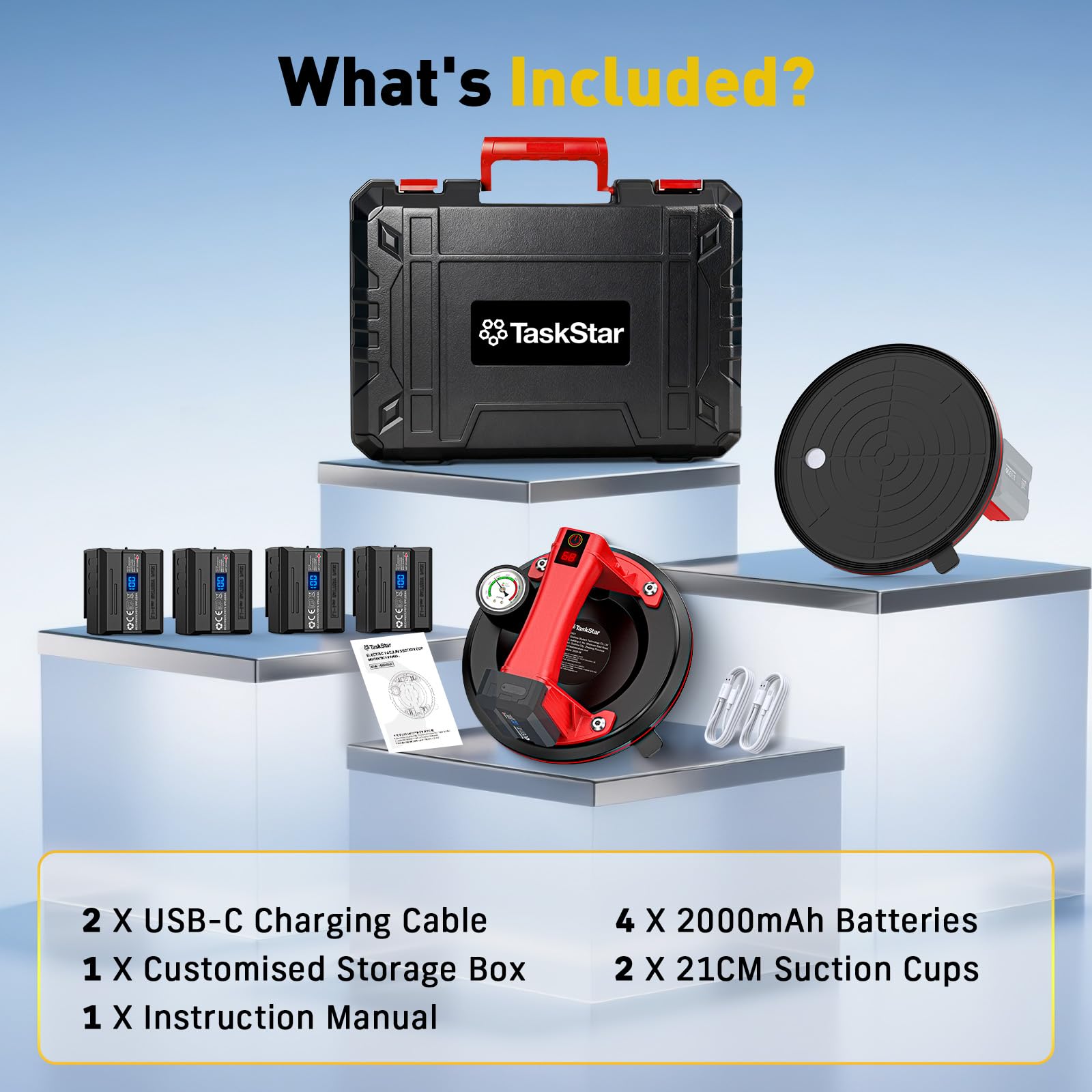 Ventosa per Piastrelle con Manometro, Ventosa Elettrica per Vetro-270KG di Aspirazione-Batteria da 4 x 2400mAh-Ventosa per Sollevamento Vetro, Granito, Piastrelle, Metallo (Rosso)