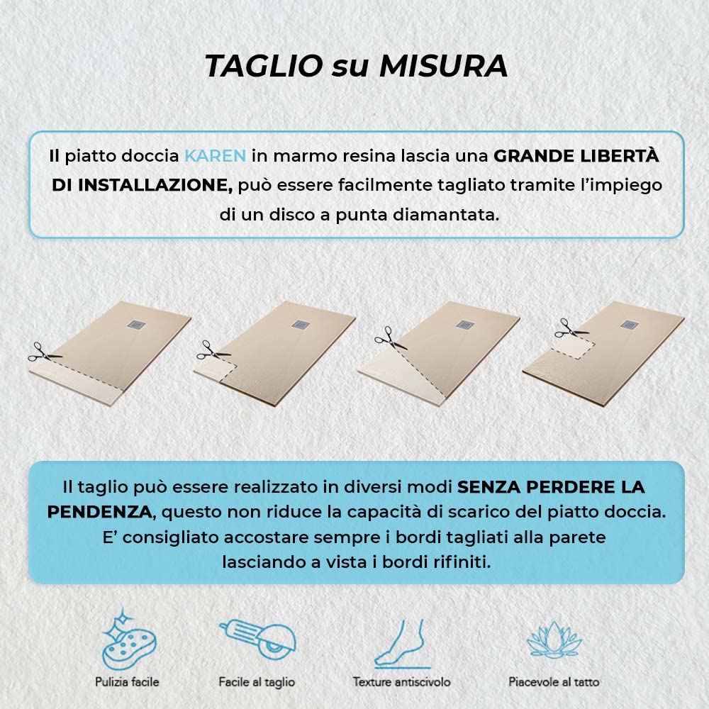 Piatto doccia marmoresina con effetto pietra serie Karen, in diverse dimensioni e colori, spessore ultraslim 3 cm, riducibile su misura, COMPLETO di kit scarico (70x90, Beige)