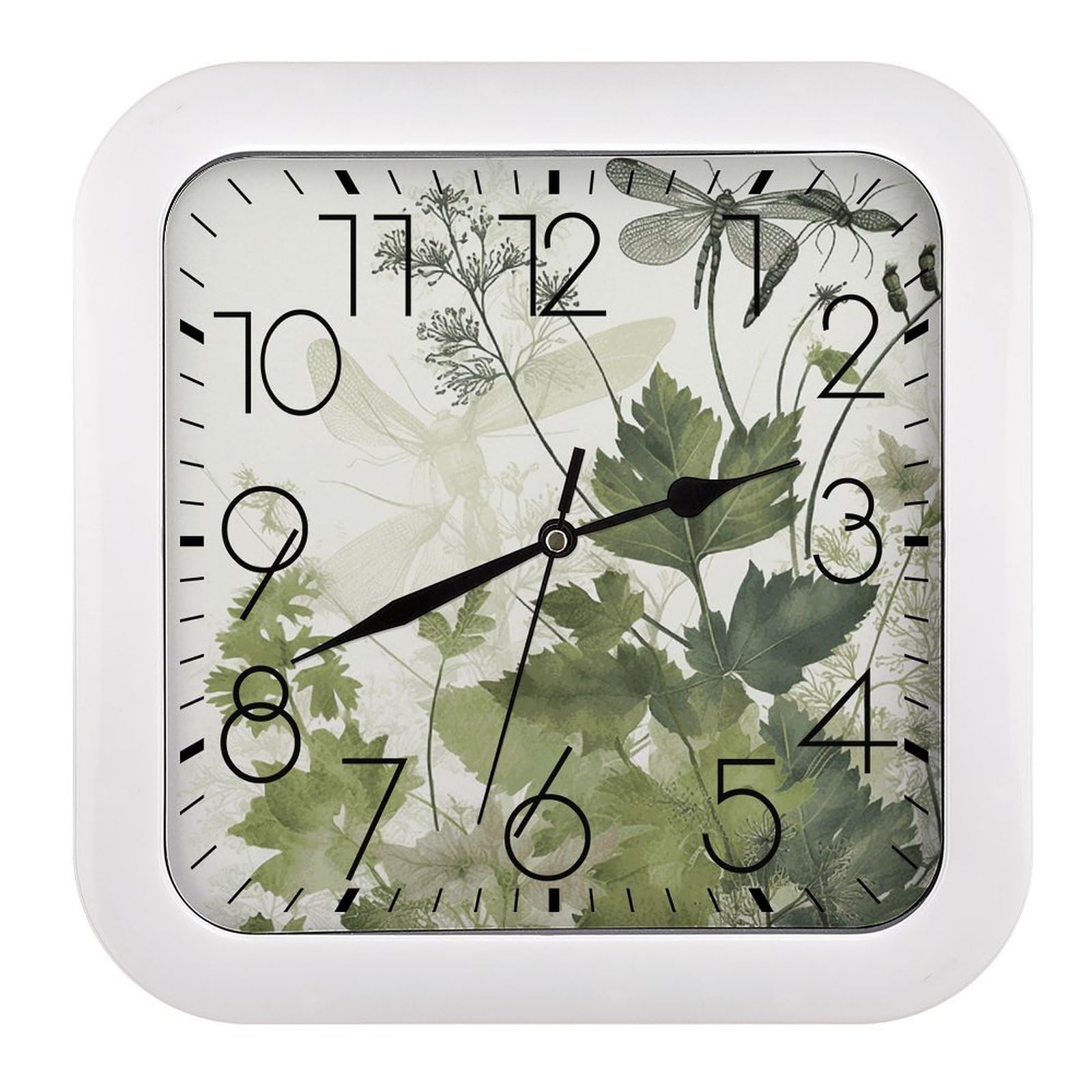NTVOWPZO 10 Inch Wall Clock Foliage and Herbs with Dragonflies Winged Battery Operated Wall Clocks Silent Non-Ticking Square Wall Clock for Living Room Kitchen Home Office Wall Decorative Clocks