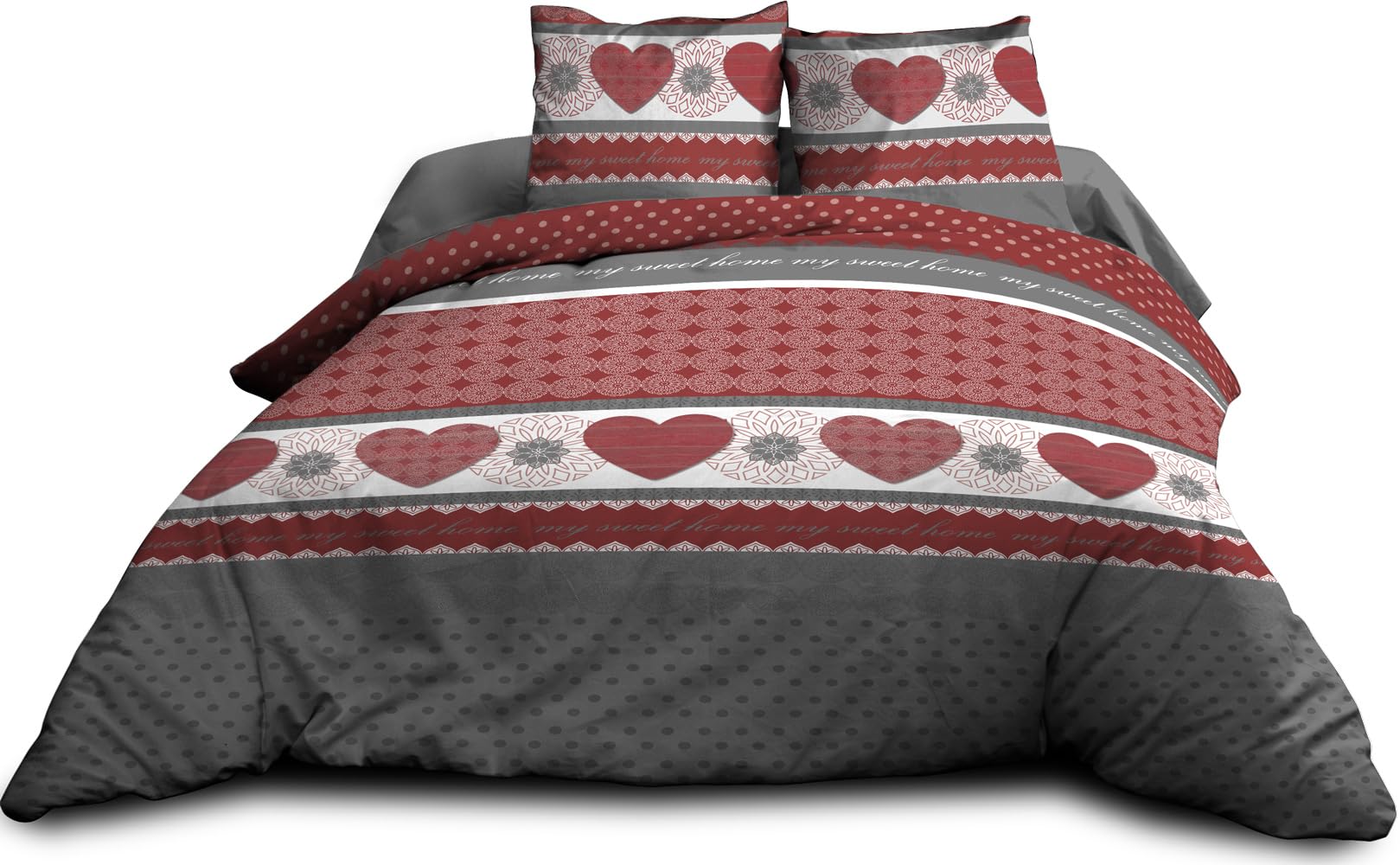 Parure Drap Plat + Drap-Housse 160x200 + 2 T - Pur Coton 57 Fils - Coeurs Rouge