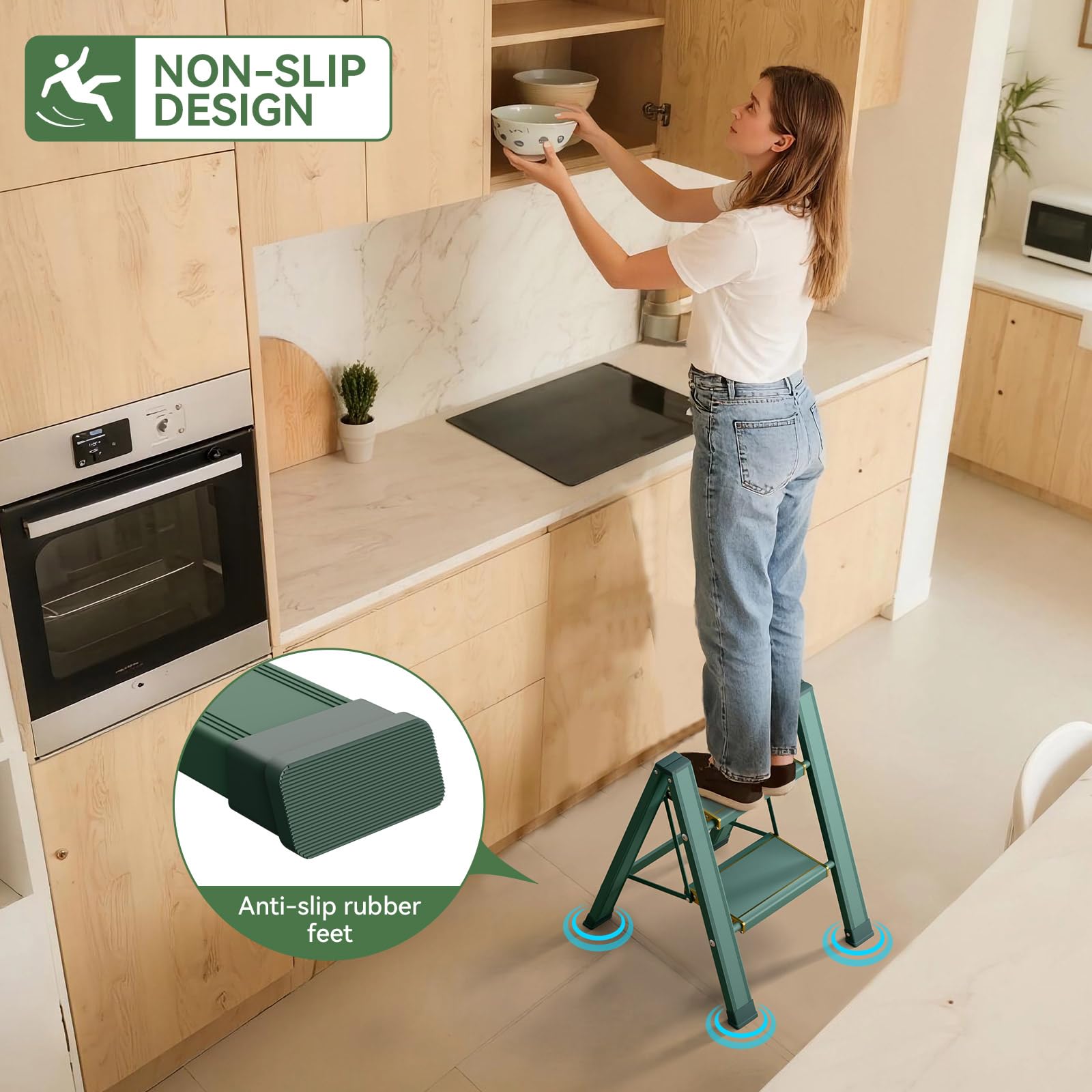 KULACO Escabeau 2 marches pliable, capacité 150 kg avec larges pédales antidérapantes, échelle pliante en aluminium, échelle multifonctionnelle pour la maison, la garde-manger, intérieur et extérieur