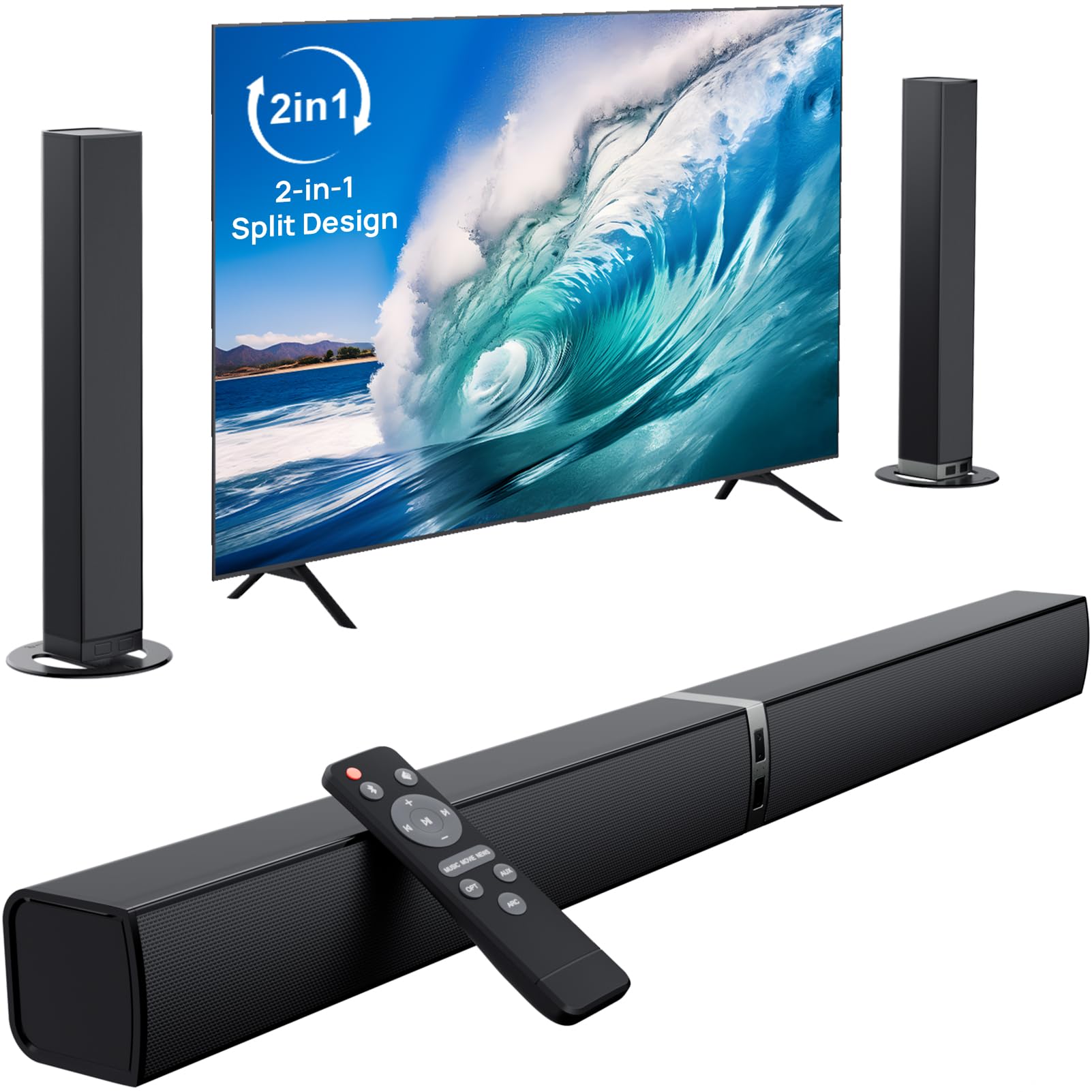 2.0 Barra de Sonido para TV, Barra de Sonido Separable 2 en 1 de 32 Pulgadas para Dispositivos de TV con 3 Modos de ecualización y 3 Sonidos envolventes, ARC/Óptico/AUX, 1pcs