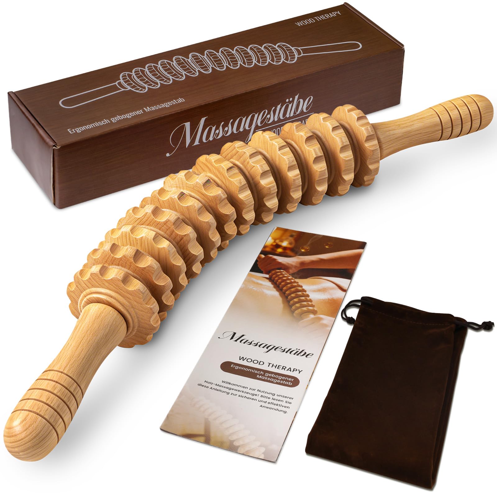 Faszienstab Holz aus Buchenholz für Muskelentspannung, Körperformung, Gua Sha Massage, Faszienrolle Holz Massagegerät Mit Griff, Anti Cellulite, Massageroller Beine, mit Baumwolltasche