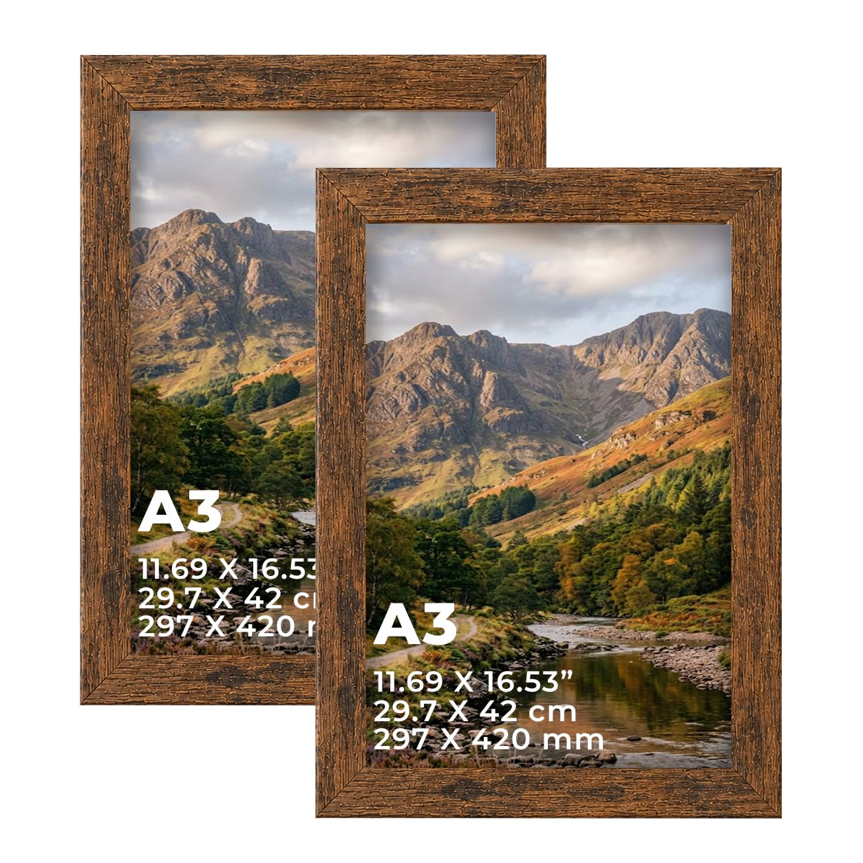 DECORO Rustic A3 (29.70 X 42 CM) Pack of 2 Picture Frame with Plexiglass Front & Engineered Wood Construction, Wall Hanging Display for Photos, Posters, Prints & Artwork, Portrait or Landscape