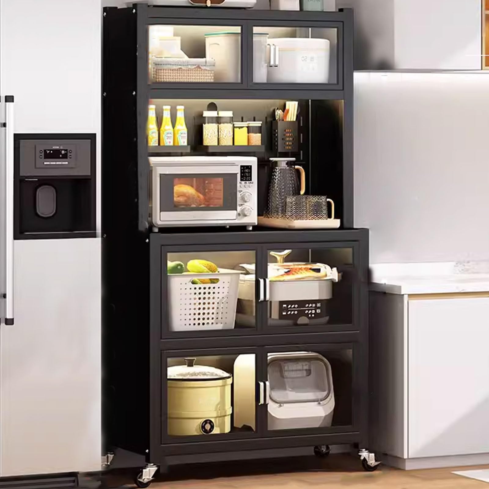 OWOHYG Kitchen Storage Shelves For Small Spaces With Wheels Made Of Carbon Steel Kitchen Storage Unit With Transparent Door Kitchen Standing Shelf Unit.Black-60 * 42 * 167cm