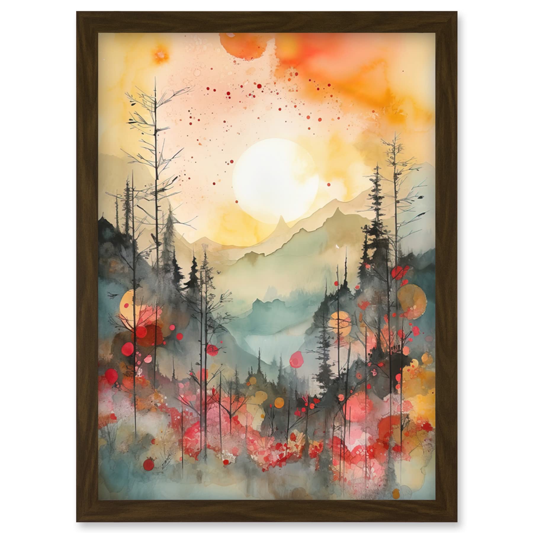 Artery8 Sunrise Over Misty Mountain Forest Landscape Modern Watercolour Painting Artwork Framed Wall Art Print A4