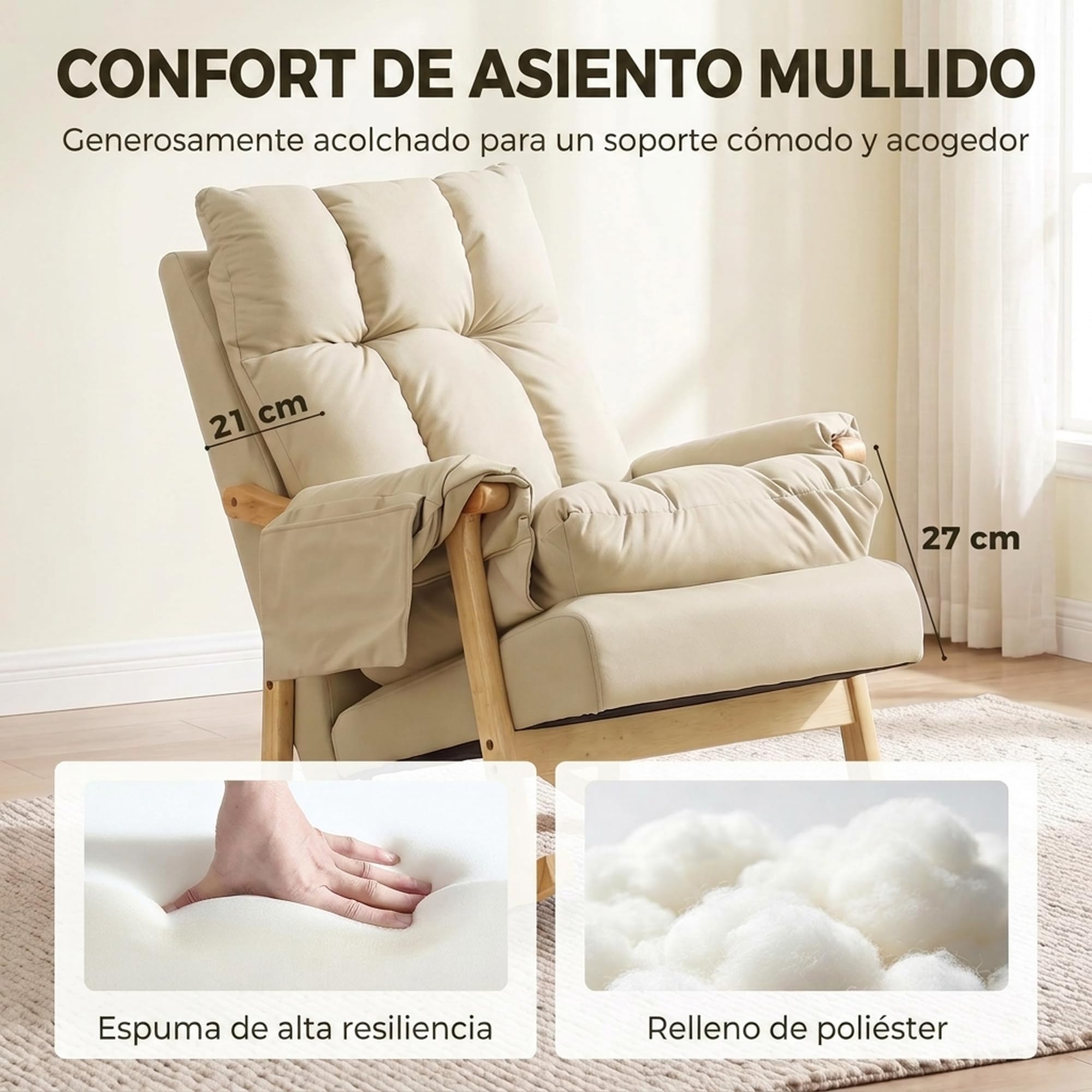HOMCOM Silla Mecedora de Cuero Sintético Bolsillos Patas de Madera Beige