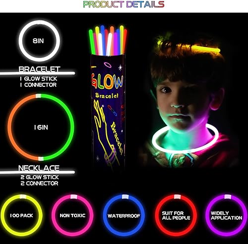 Miniatura 2 de YOFOBU Pulseras luminosas a granel, collares brillantes con conectores, 50 unidades de 8 pulgadas, varillas luminosas para el 4 de julio,