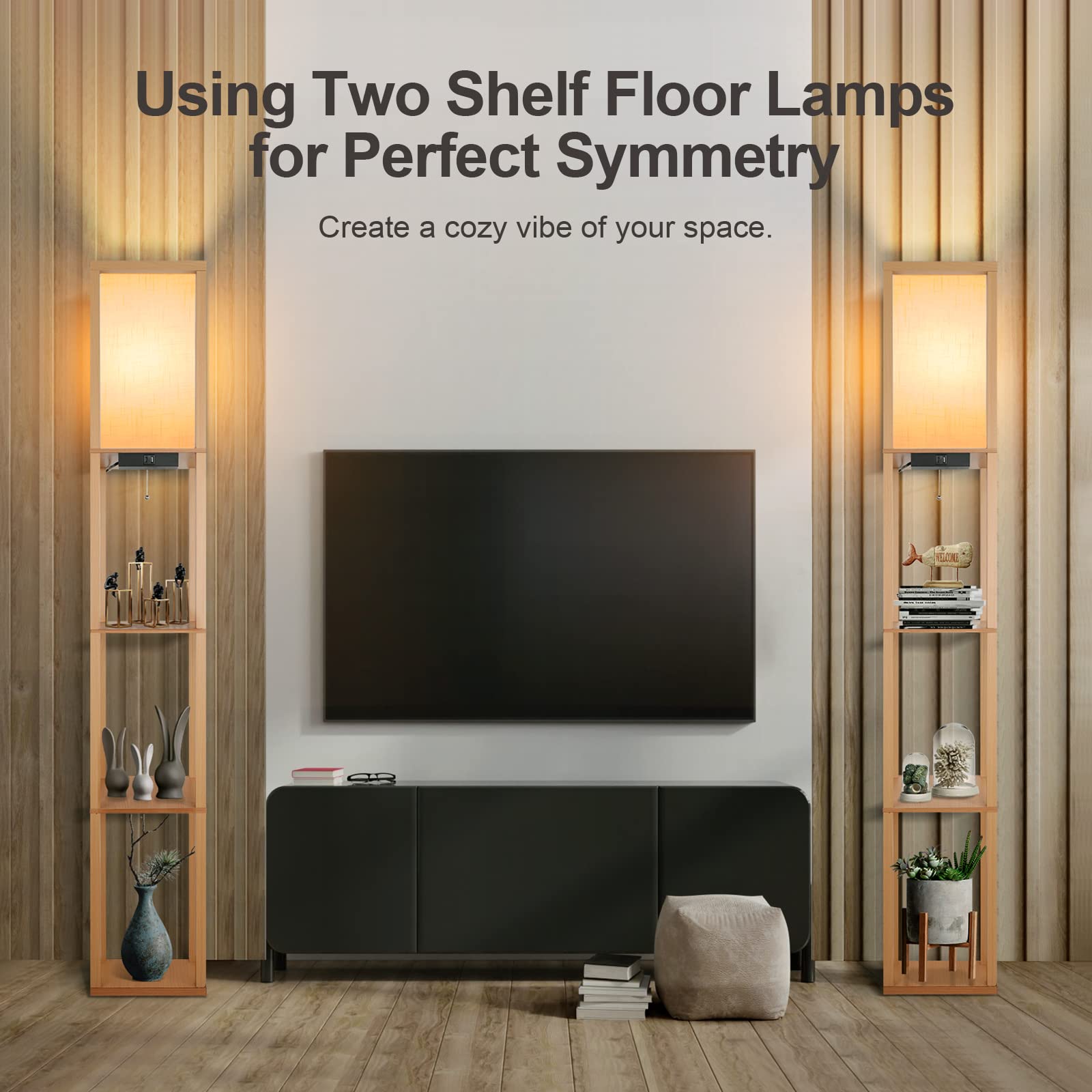 OUTON Lampada da Terra con Scaffale, Lampada da Terra Salotto Dimmerabile con Telecomando, Lampada a Stelo 160cm, 2 Porte di Ricarica USB, Piantana da Terra per Soggiorno, Camera Da Letto, Legno