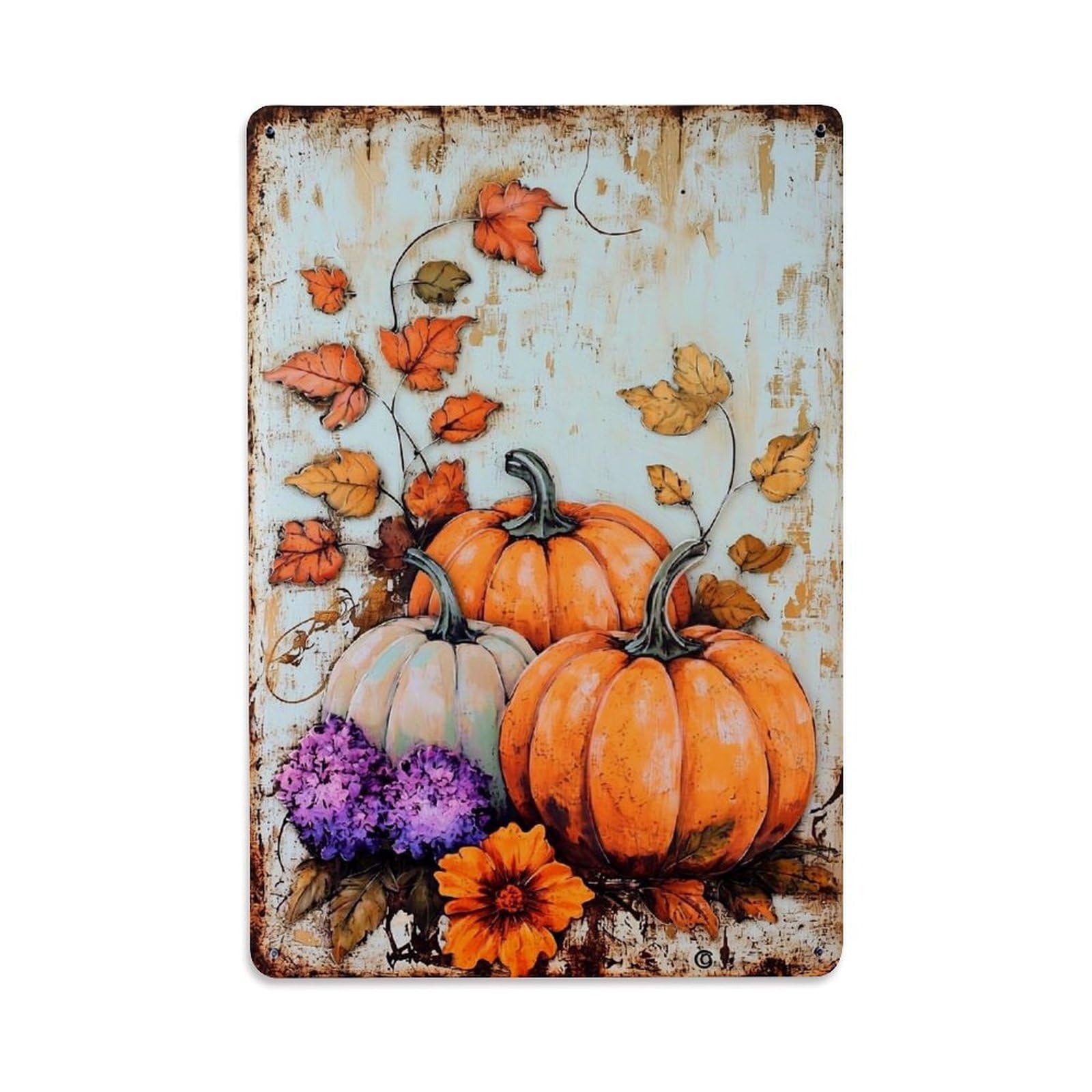 Jdfenggu Vintage Pumpkin Autumn Leaves Flowers Metal Retro Metal Tin Sign, Decor Art Poster For Bar, Home, Man Cave, Kitchen, Laundry Room Gift 8X12inch