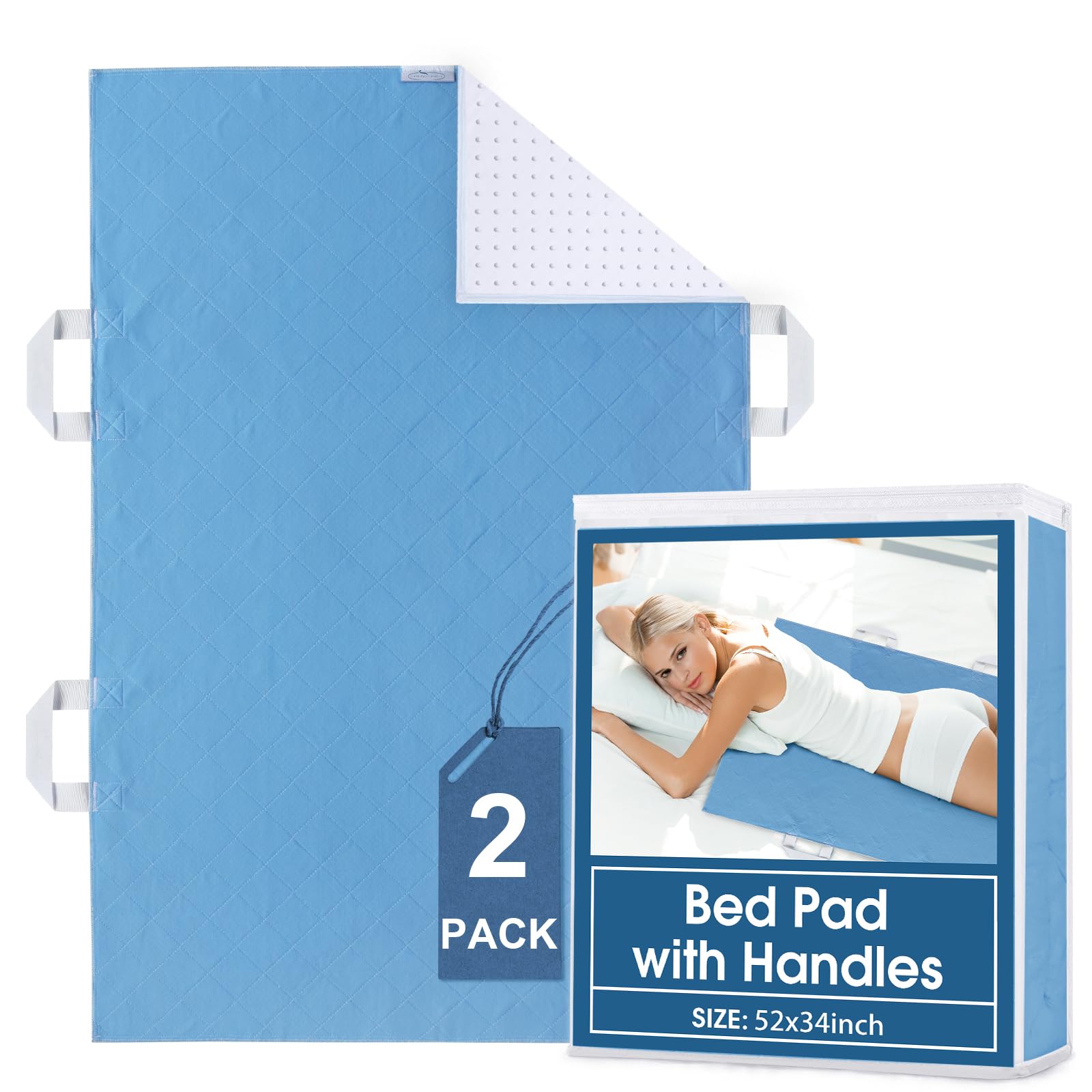 Positioning Bed Pad with 4 Handles 2 Pack, Washable and Reusable Pee Pads, Incontinence Hospital Chuck Pads for Adults, Elderly, Kids, Toddler, 34'' x 52'', Blue