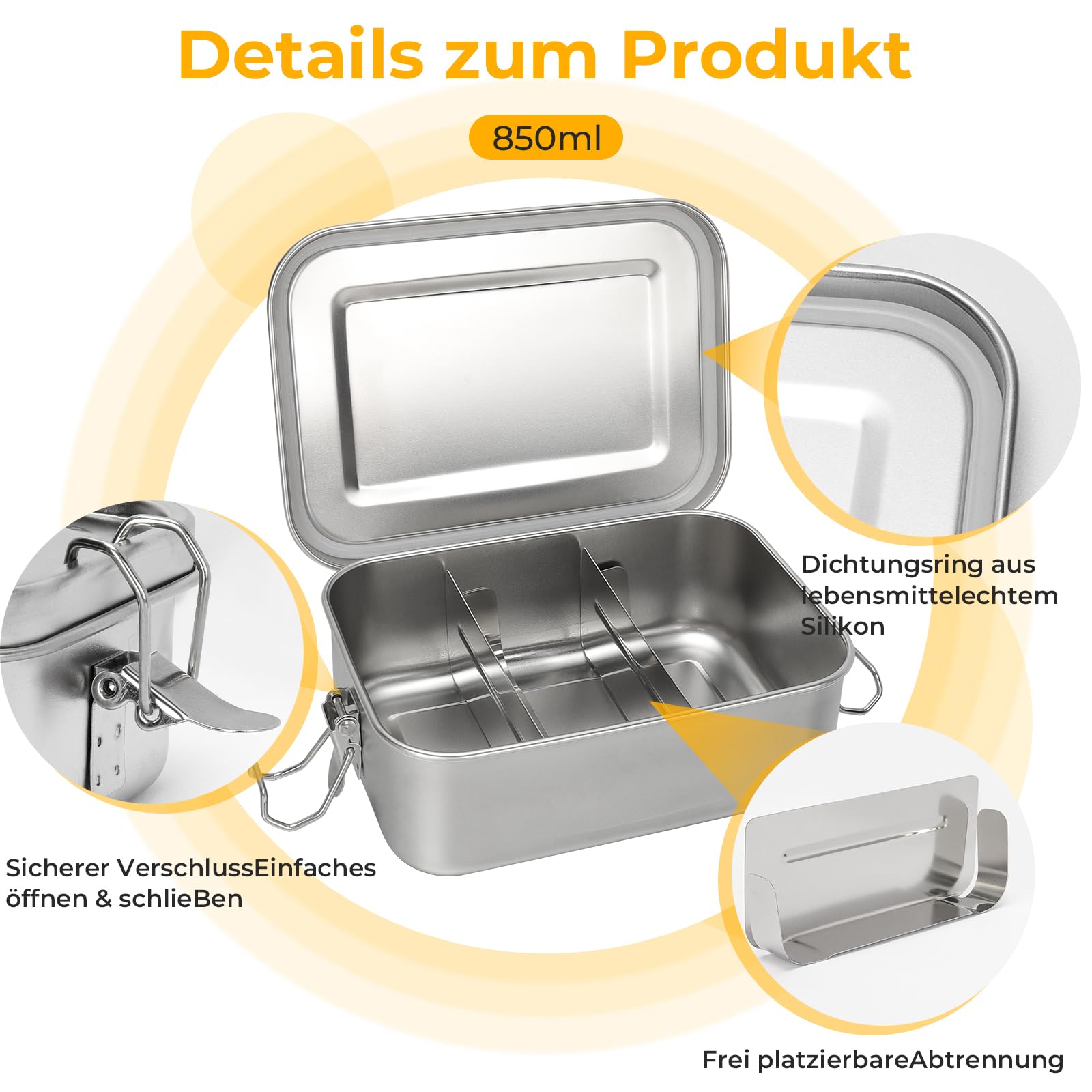Contenitore per il pranzo in acciaio inox, 850 ml, impermeabile, con scomparti e guarnizioni per scuola, lavoro, picnic, sostenibile ed ecologico, senza BPA, per studenti, adulti