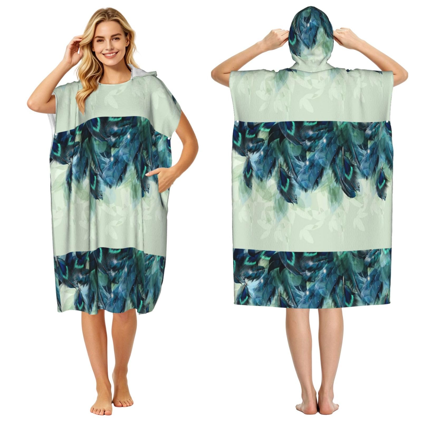 Poadnly Peacock Feather Pattern, Adult Hooded Beach Towel 90 x 110 cm,Changing Bath Robe, Surf Poncho Towel For Women Men