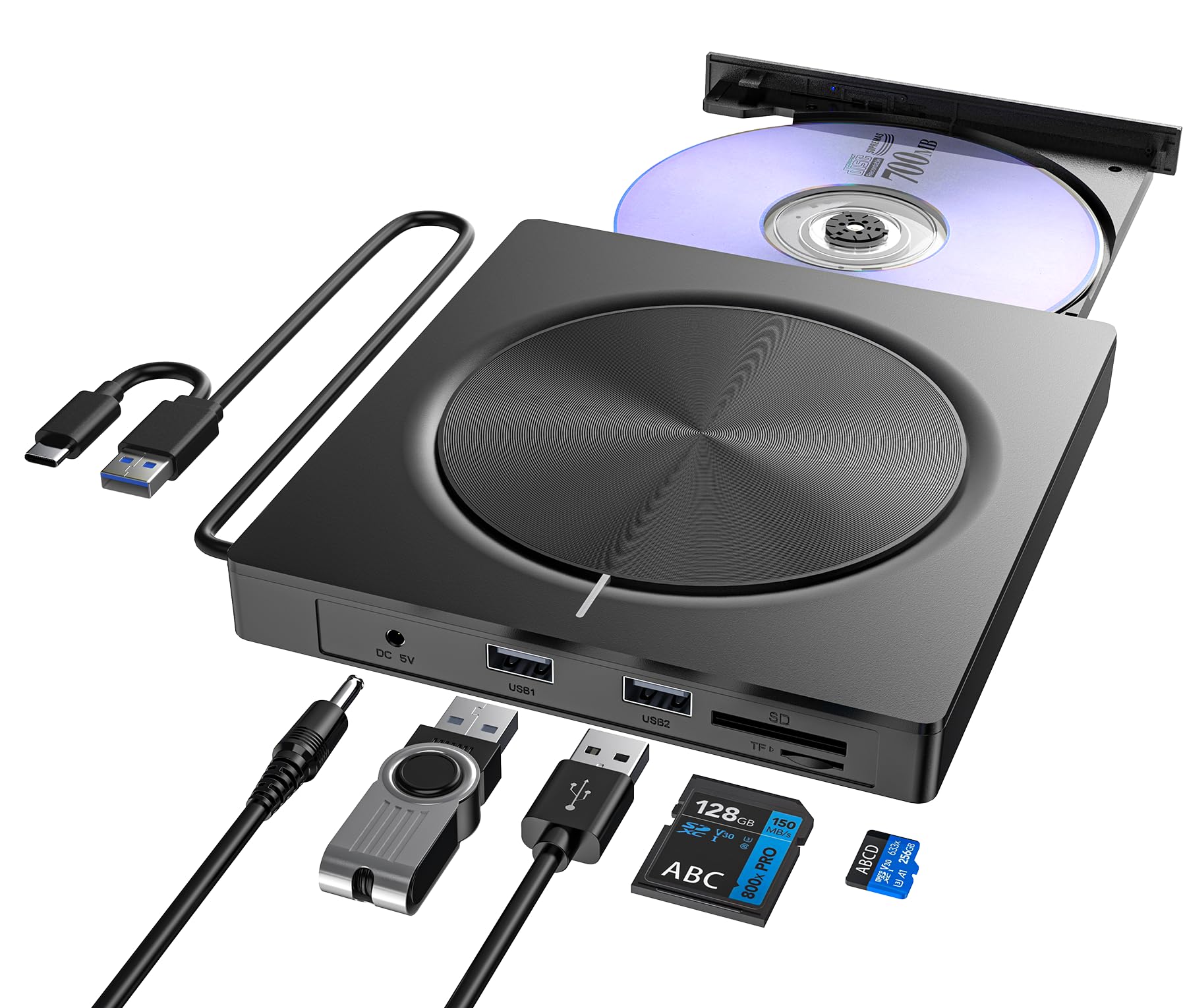 Zewnętrzny napęd CD DVD USB 3.0 typu C, napęd DVD zewnętrzny z czytnikiem kart SD/TF i 2 portami USB-A, przenośny nagrywarka DVD RW do laptopów, komputerów stacjonarnych, MacBook, iMac, Win 11/10/8/7