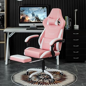 Gaming Chair, Ergonomic Gaming Chair, Computer Chairs with Headrest and Lumbar, Height Adjustable Rotating PC Chairs, Pink White