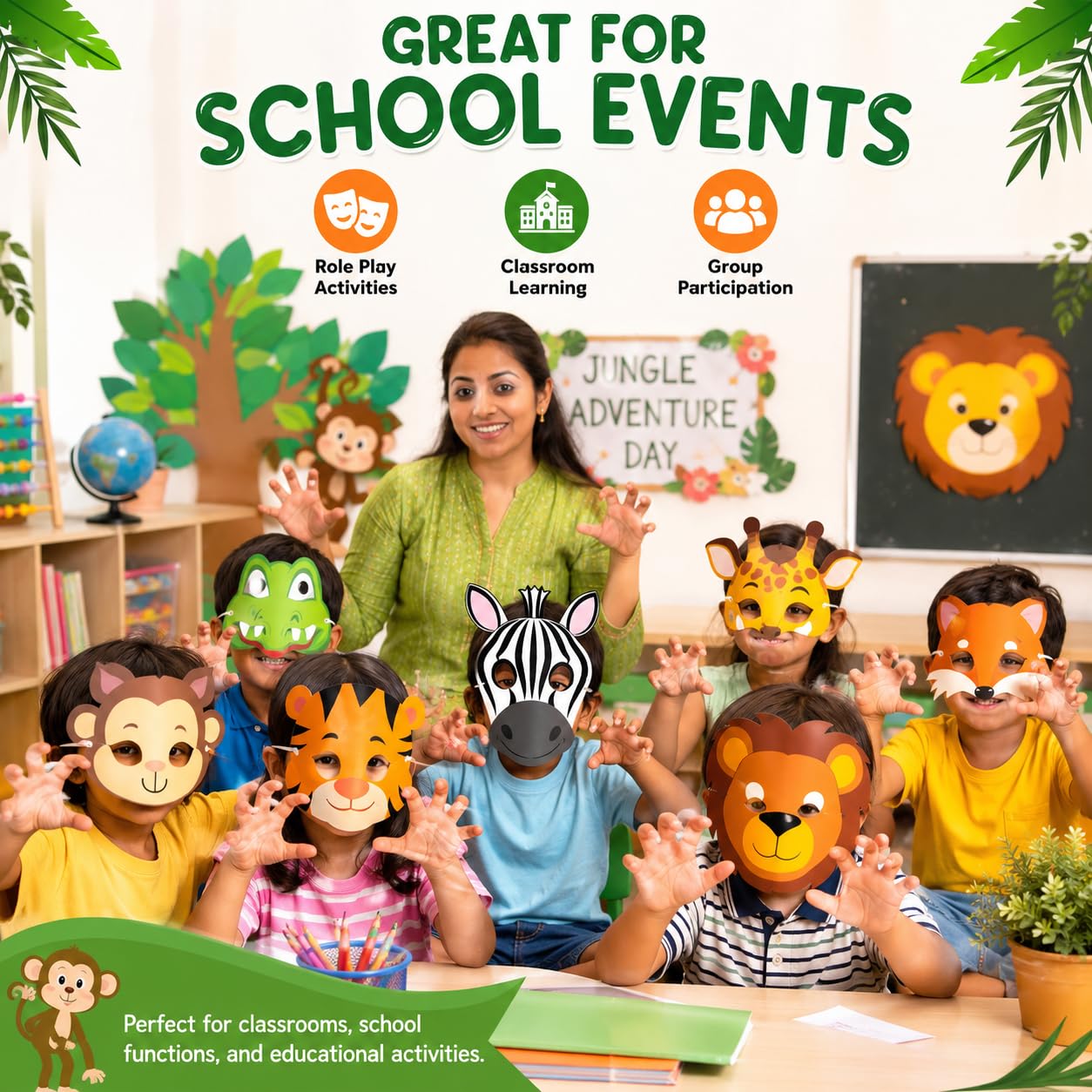Festiko® Jungle Animal Eye Masks for Jungle Safari Theme Birthday Party Decoration, 12 Pcs Animal Face Masks with Elastic Band, 7 x 5.5 Inch, Kids Party Favors & Photo Booth Props 1