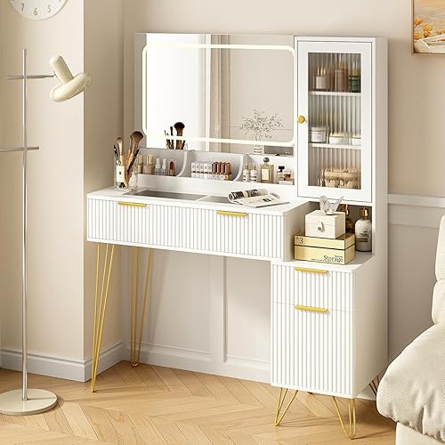 Escritorio de tocador de 43 pulgadas con espejo y luces, mesa de tocador de maquillaje con 4 cajones, tocador blanco para dormitorio, escritorio de