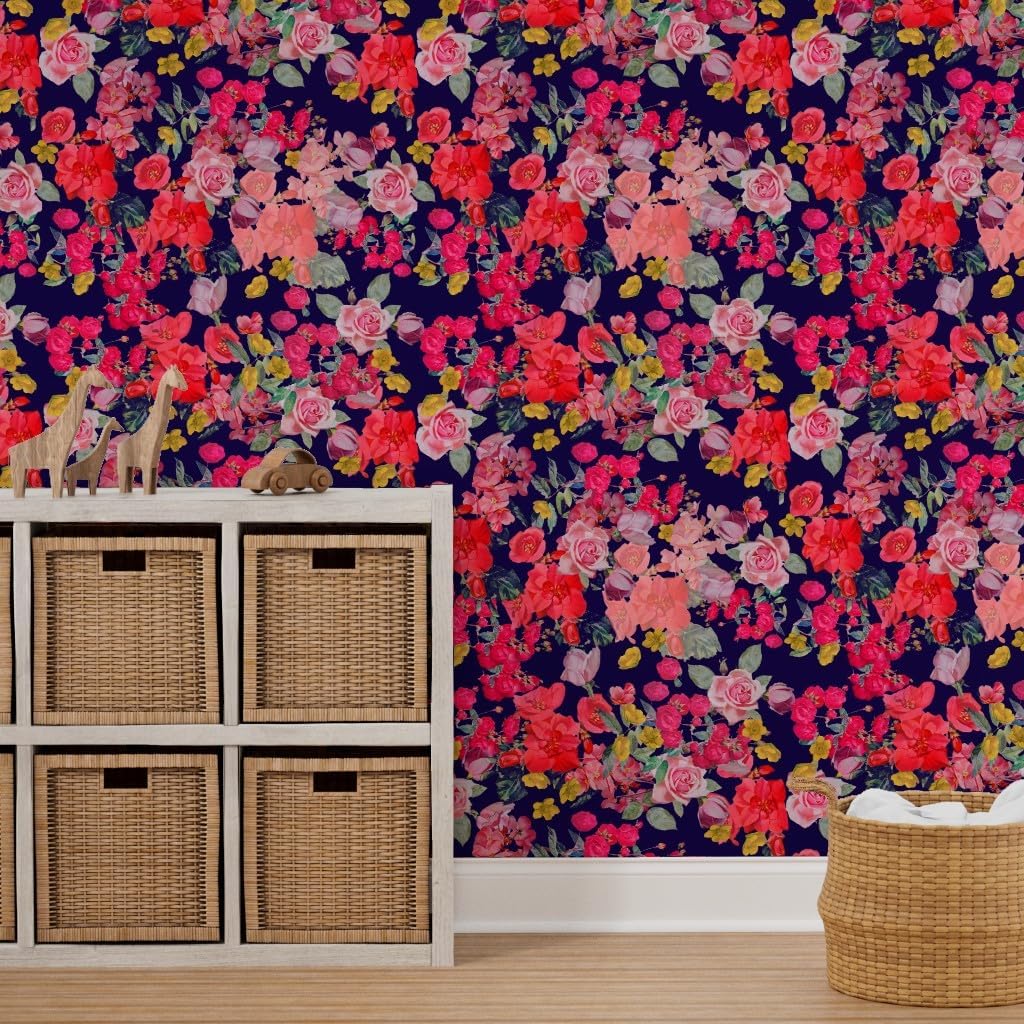 Peel & Stick Wallpaper 3ft x 2ft - Antique Floral Print Navy Coral Pink Red Flowers Vintage Pretty Roses Custom Removable Wallpaper by Spoonflower