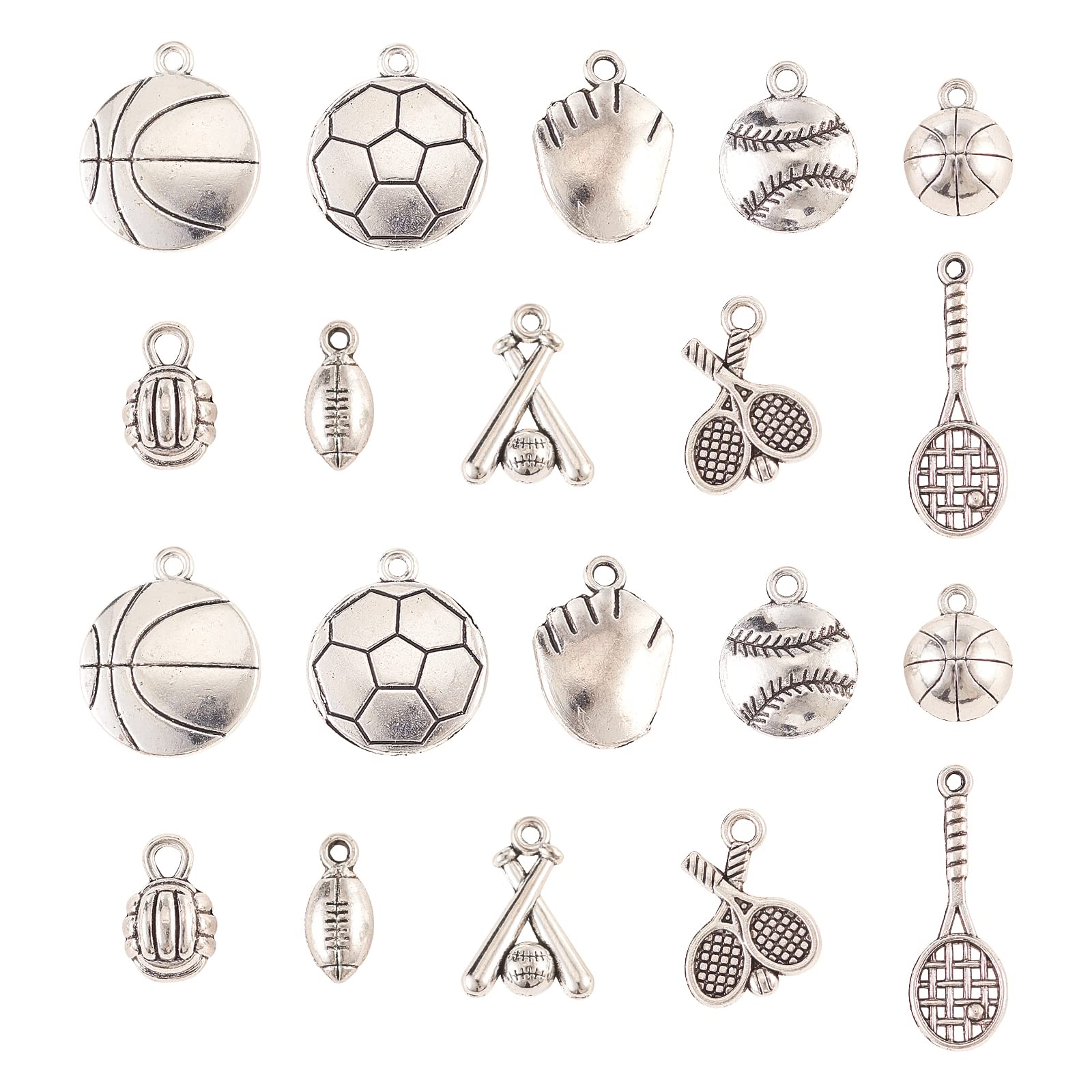 UR URLIFEHALL 100 Pcs 10 Styles Sports Theme Charms Antique Silver Solfball Gloves Volleyball Baseball Basketball Charms for Jewellery Making