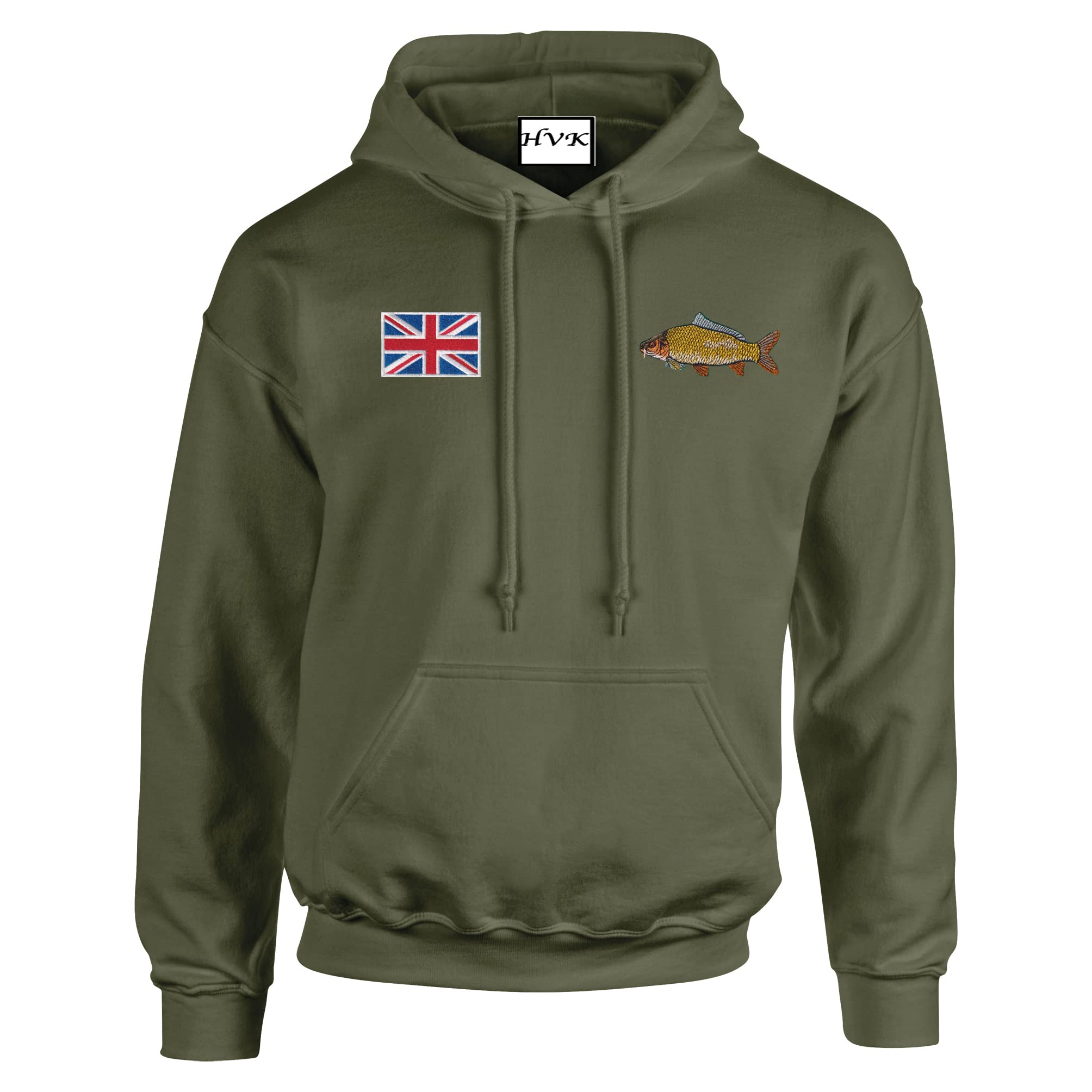 HiViz Kings Carp Fishing UK Badge And Carp Logo Premium Embroidered Hoodie Pristine Finish (as8, alpha, xx_l, regular, regular, Olive)