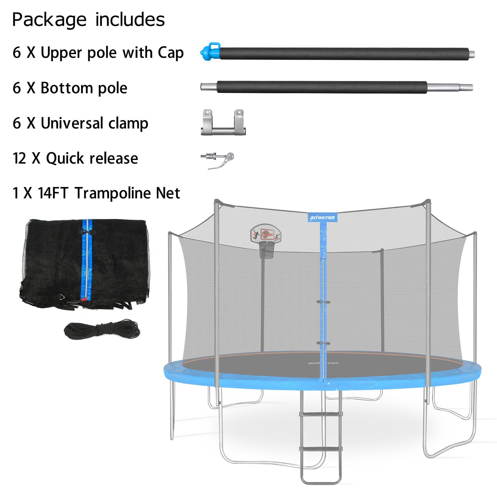 Zoomster Trampoline Replacement Enclosure Poles with Clamp and Hardware Fits 6 Straight Poles Trampoline (No Tool Needed. Can be Assembled by only one Adult) (14FT Pole with Net)