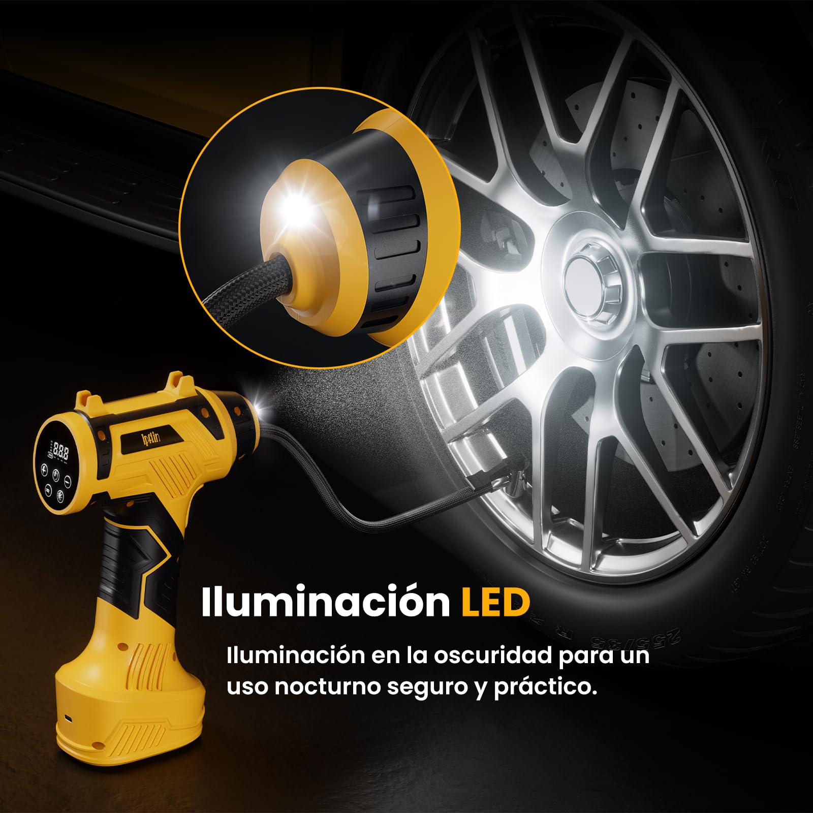 Ipflin Inflador Ruedas Coche 150PSI - 22L/min Compresor Aire Portátil Recargable, Inflador Eléctrico Inalámbrico con Pantalla Digital y Luz LED, 4 Modos Preestablecidos para Coche/Bicicleta/Moto/Balón — view 6