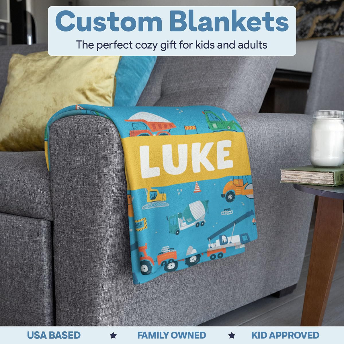 Custom Blanket for Kids | Construction Truck Blanket | Personalized Blanket for Boys | Tonka Dump Truck | Throw Blanket for Kids & Toddlers | Fleece Throw & Cozy Sherpa - USA Based (Fleece 30