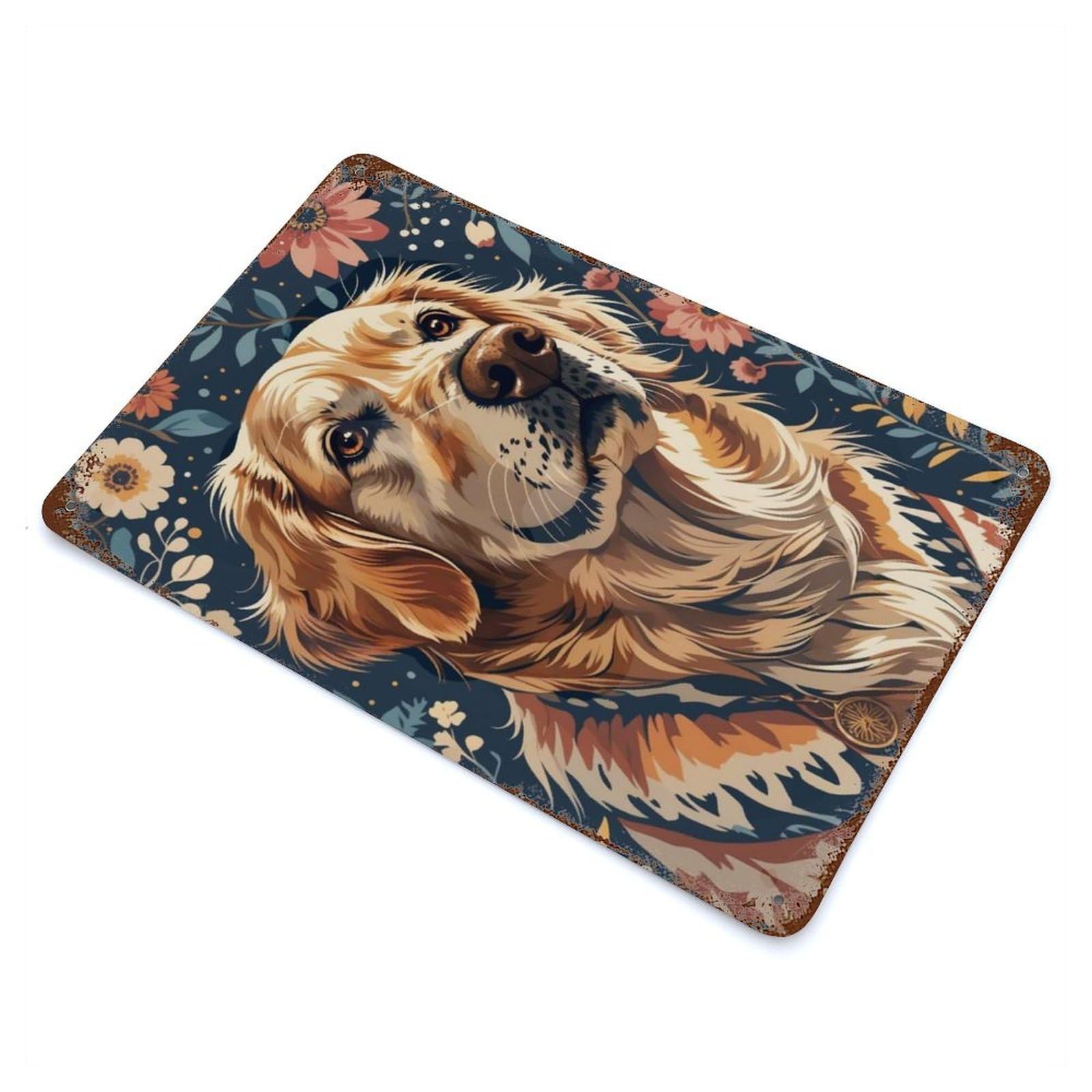 Rust Effect Golden Retriever Floral Portrait Rusty Metal Tin Sign 11.8"x7.9", Rustic Home Decor for Bistro, Counter And Cafe Decor