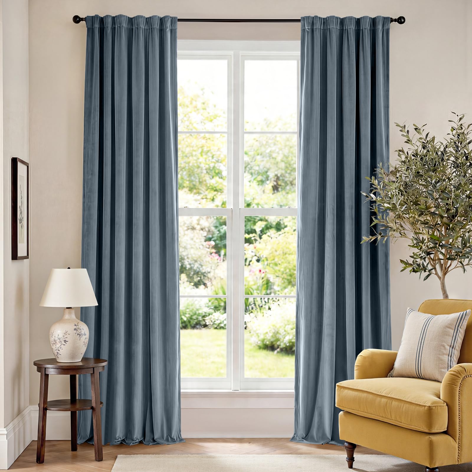 Lazzzy Velvet 90 inch Curtains 2 Panel Set Blue Blackout Curtains Thermal Insulated Drapes for Bedroom Living Room Window Treatments Super Soft Luxury Rod Pocket Aegean Blue — image 1