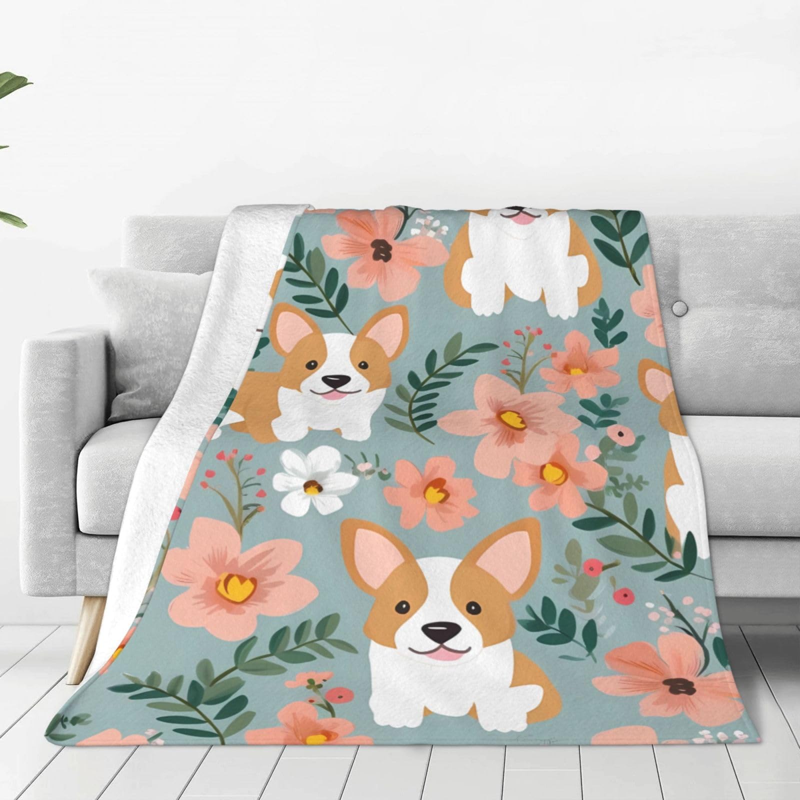 Corgi Floral Throw Blanket 40"x30" Flannel Fluffy Warm Blanket for Couch, Reversible Plush Blankets for Bed, Comfy Fuzzy Blanket for Sofa, Plush Lightweight-Blankets for All Season