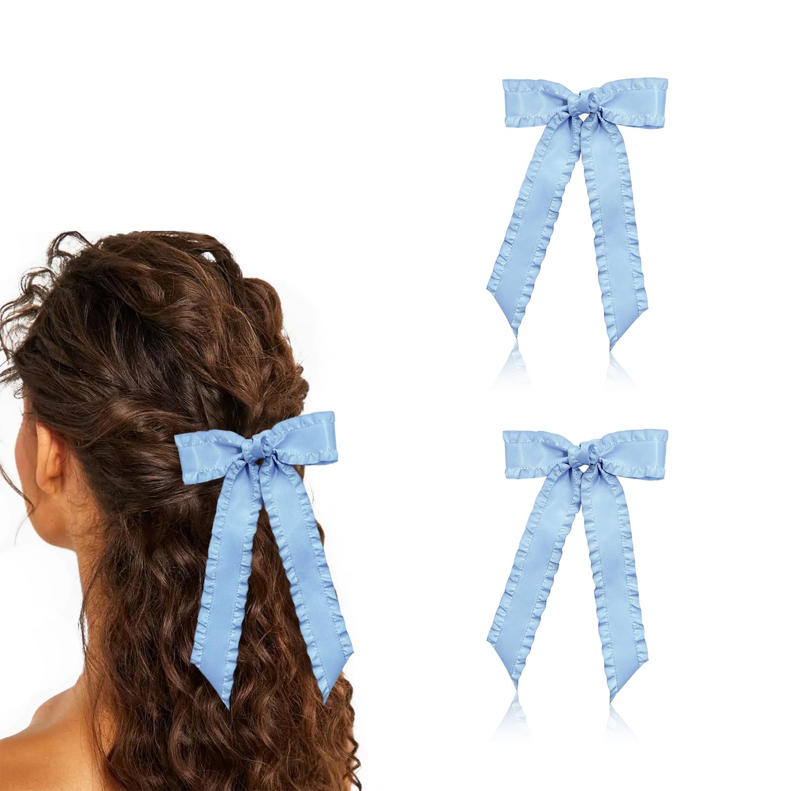 Light Blue Hair Bows 2 Pack, 5.5 Inch Large Satin Ribbon Bow Clips with Long Tails for Women, Girls, Teens - Wedding, Party, Daily Hair Accessories