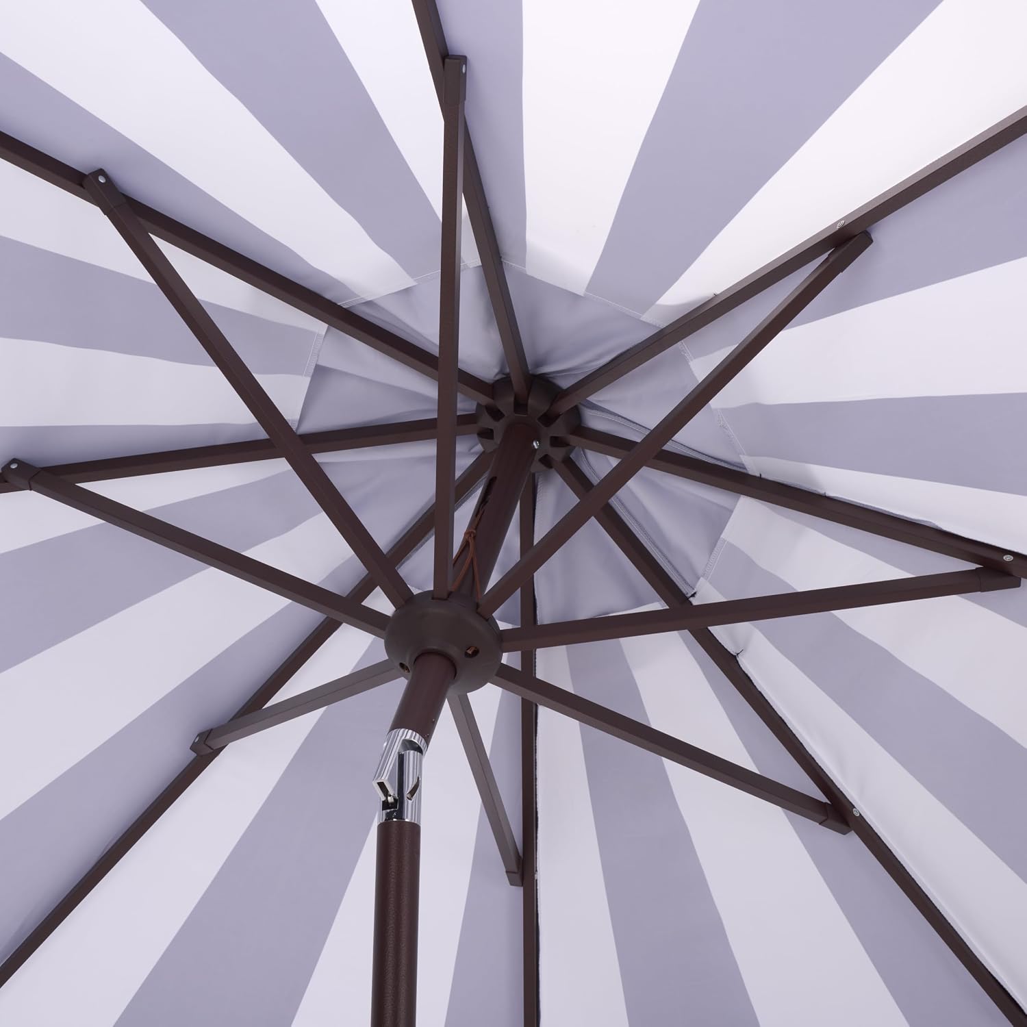 SAFAVIEH Outdoor Patio Furniture Collection – Meze 9 Ft Navy Stripe & Brown Crank Umbrella, Market-Style Patio Umbrella with Aluminum Pole, Outdoor Shade Accent (PAT8013B)