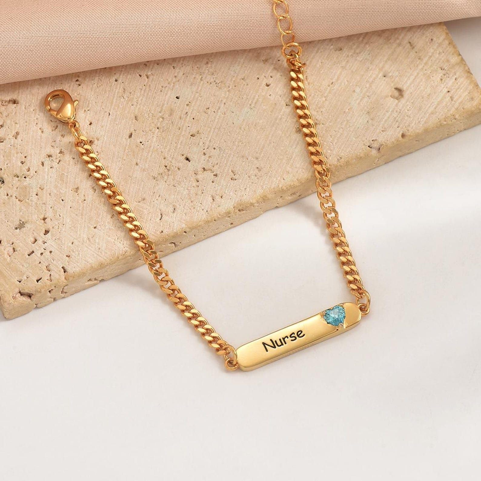 Nombre barra Pulsera de piedra de nacimiento 925 Pulsera de oro de plata con piedras preciosas Nombre grabado para mamá cumpleaños hecho a mano