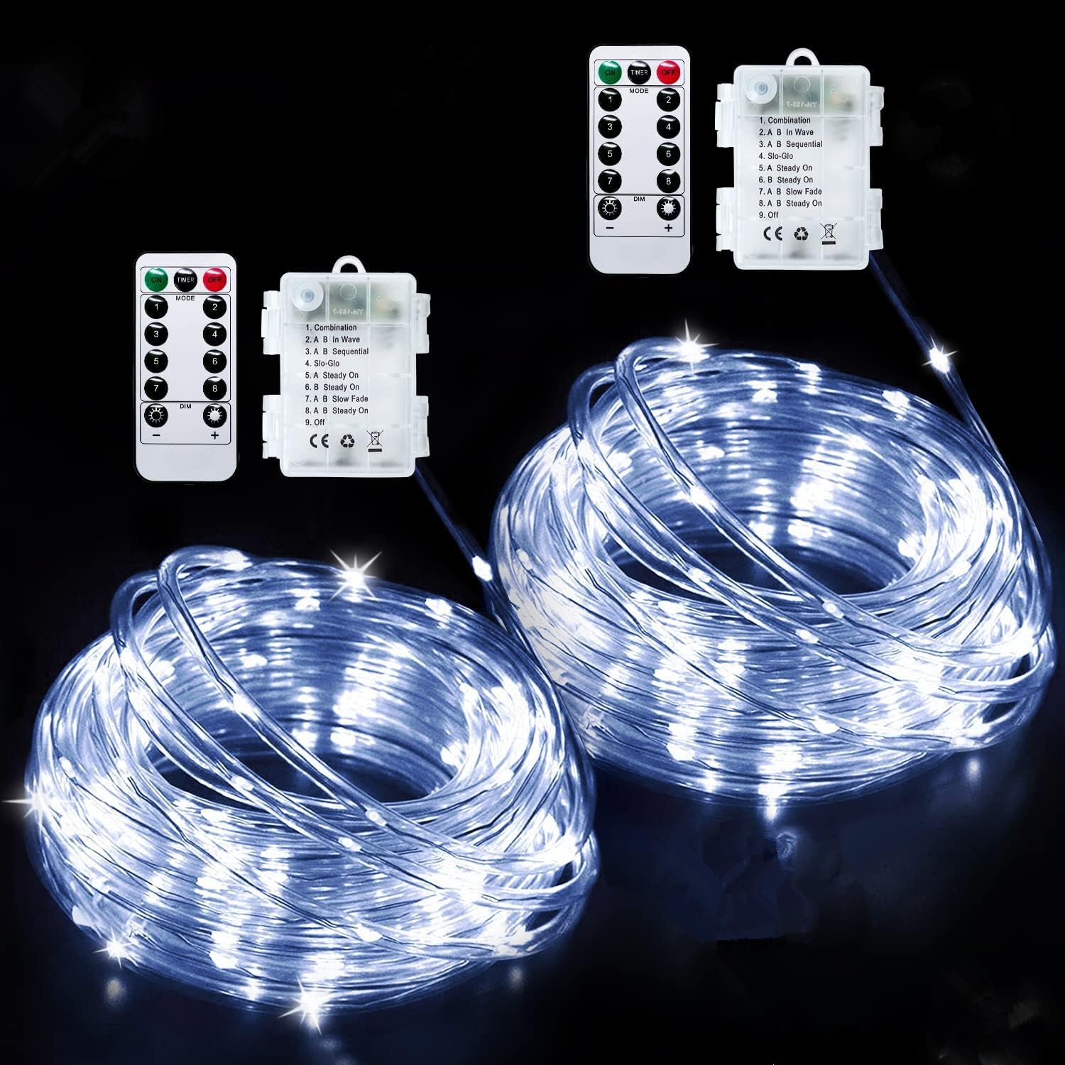 Cadena de Luces LED, 2Pack LED manguera Batería cadena de luces para exterior e interior 8 modos Guirnalda Luces para dormitorio fiesta jardín Navidad (Blanco, 22m/72ft 200LED)