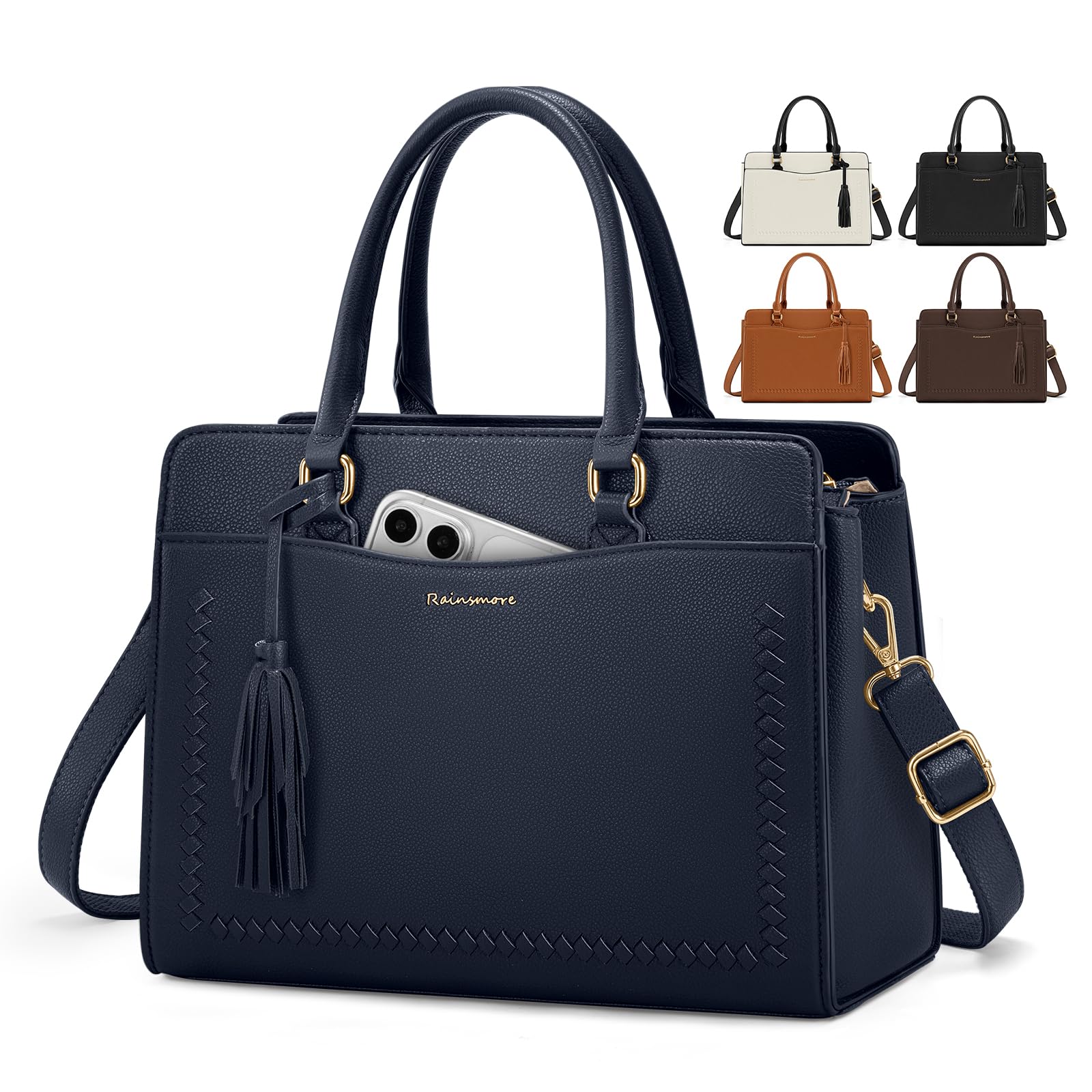 RAINSMORE Handtasche Damen Mittelgroß Umhängetasche PU Leder Wasserdicht | Handtaschen für Damen Klein Henkeltaschen Damen Arbeitstasche für 11" Tablet mit Schulterriemen für Arbeit Freizeit Alltags