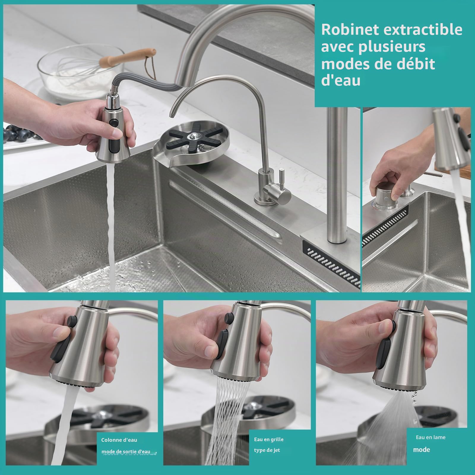 Évier de Cuisine, Cascade Multifonction, Evier de Cuisine à Comptoir Raindance Professionnel Lavabo Acier Inoxydable avec Lave Verre & Robinet Extractiblen Haute Pression Argent 75x45x21cm