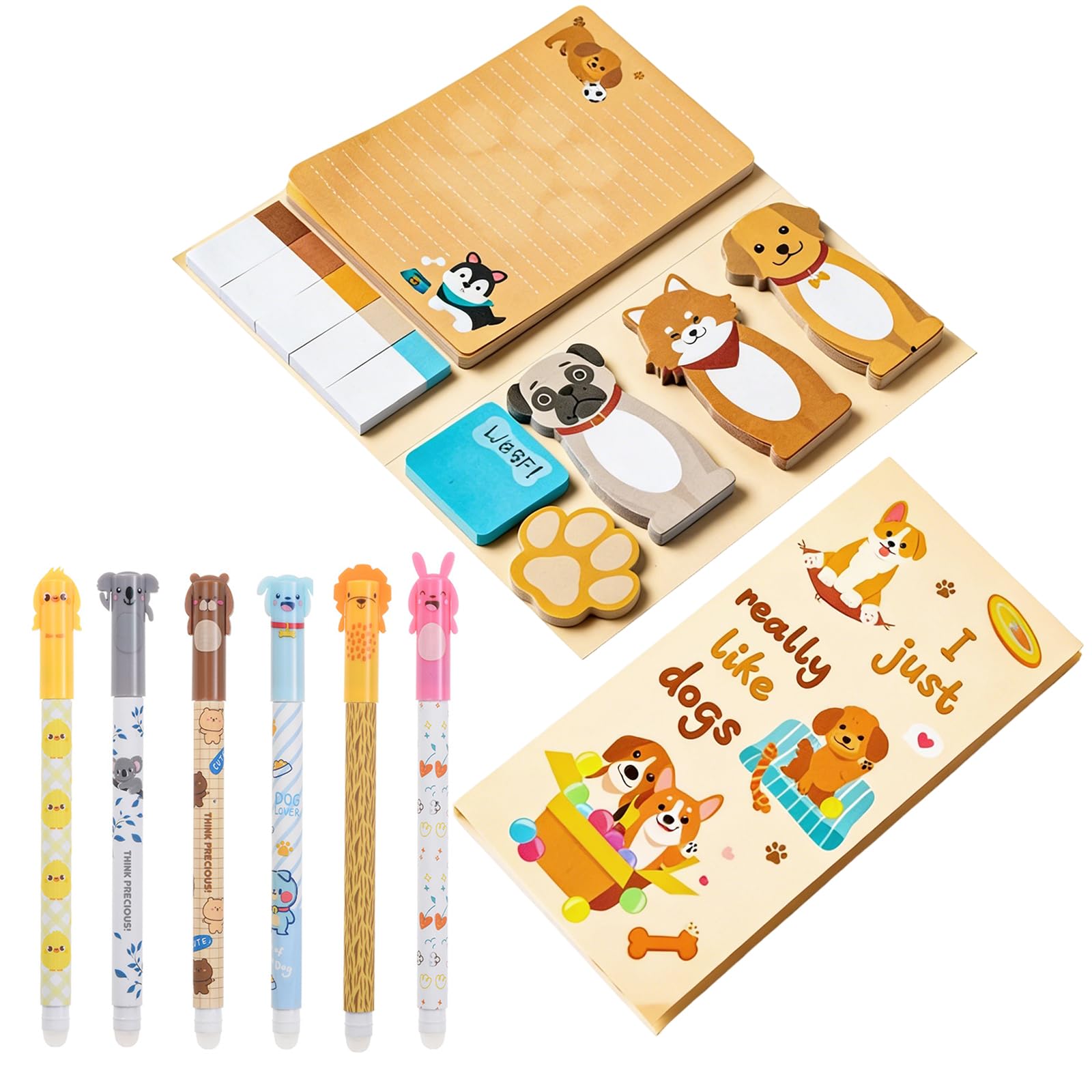 440 Sheets Sticky Notes Set and 6 Erasable Pens Black,Cute Dog Shaped Novelty Self Adhesive Sticky Notes,Animal Patterns Gel Pens Cute Stationery Set for Kids Adults Writing Home School Office