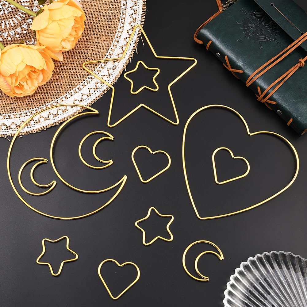 Lot de 6 Anneaux Attrape Rêves en Métal Doré en Forme D'Étoile de Lune et de Cœur pour Loisirs Créatifs Décoration Murale Couronne Mariage Noël Cadeaux pour Débutants