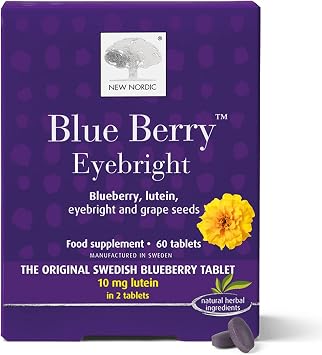 New Nordic Blue Berry Eye Supplement, Lutein, Eyebright, Grapeseed, 60 Tabs | 10mg lutein from tagetes, Swedish bilberry extract, grapeseed, supports central vision, vegan, gluten free, sugar free, 60 ta