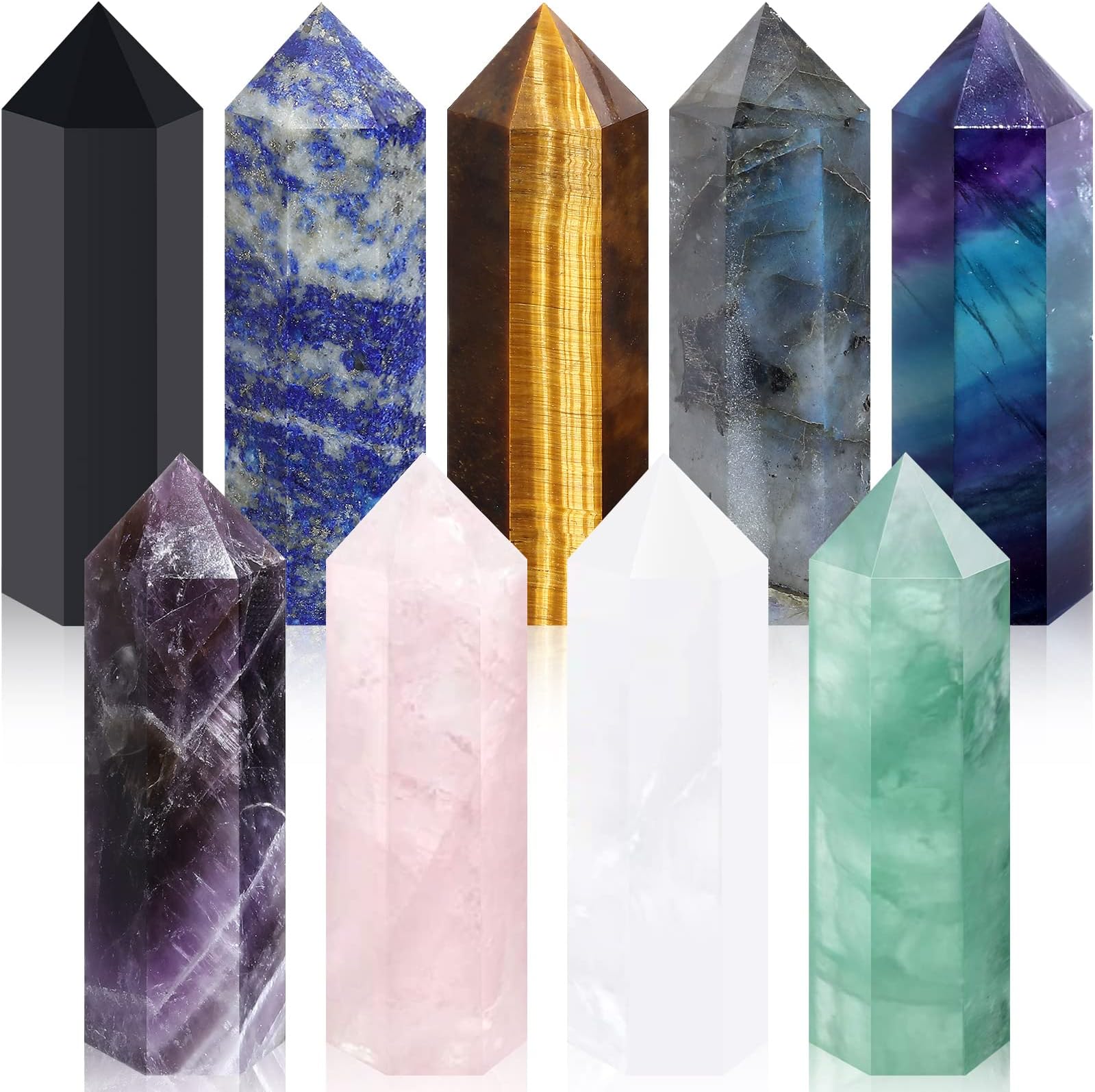 Junkin9 Sets Healing Crystal Wand, 2-2.4 Inch Amethyst Rose Quartz Clear Quartz Tiger Eye Obsidian Fluorite Labradorite Lapis Lazuli for Meditation Crystal Therapy Reiki Meditation Supplies