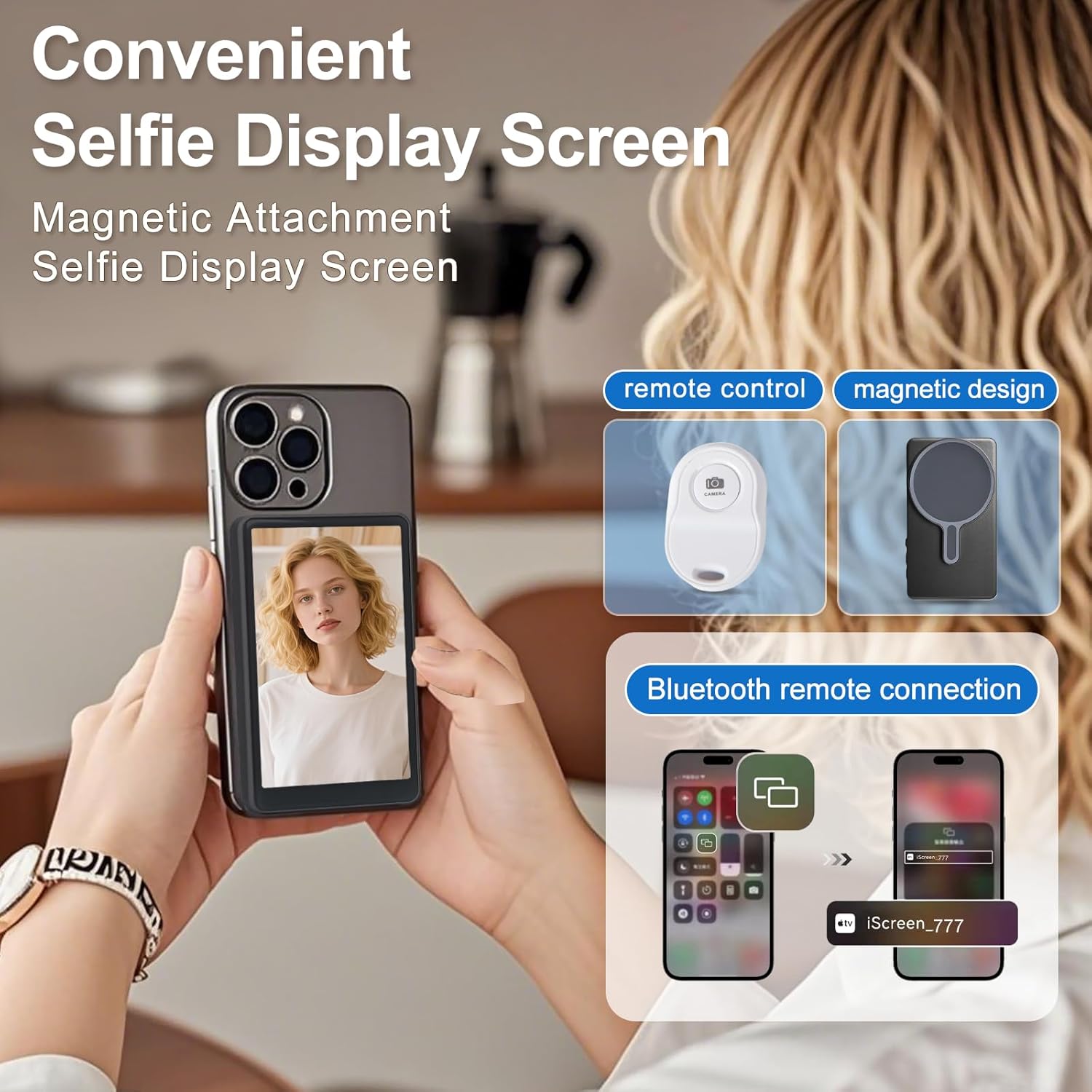 4" Vlog Selfie Monitor Screen for iPhone - Magnetic Back Camera Monitor with 4K HD, Wireless Remote, WiFi Live View & Built-in Speaker, Camera Buttons, 180° Rotation for Short Video/Live