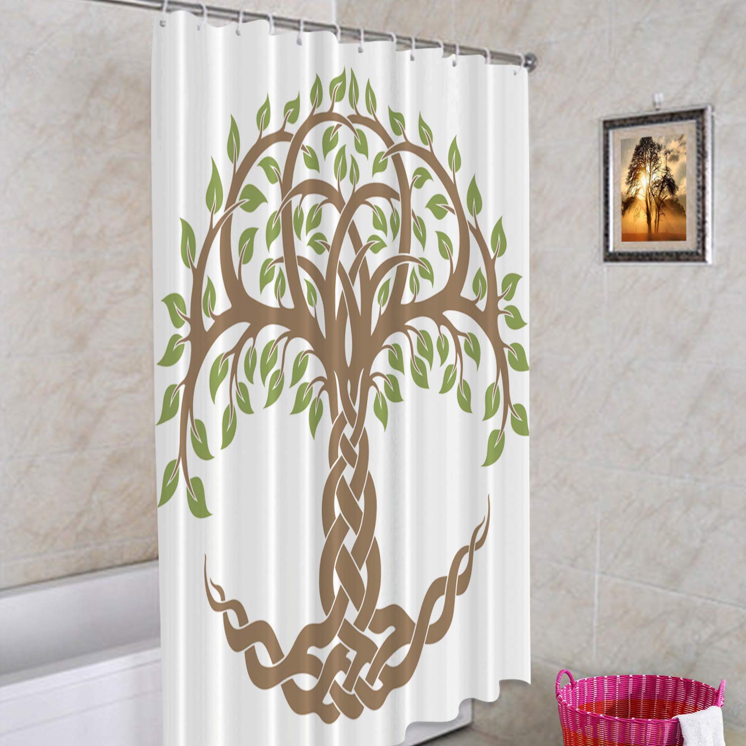 Batmerry Celtic Tree of Life Decorative Shower Curtain, Green Cute Long Wide Shower Curtain with Rust Proof Grommets for Bathroom Farmhouse Bathtub Waterproof Washable