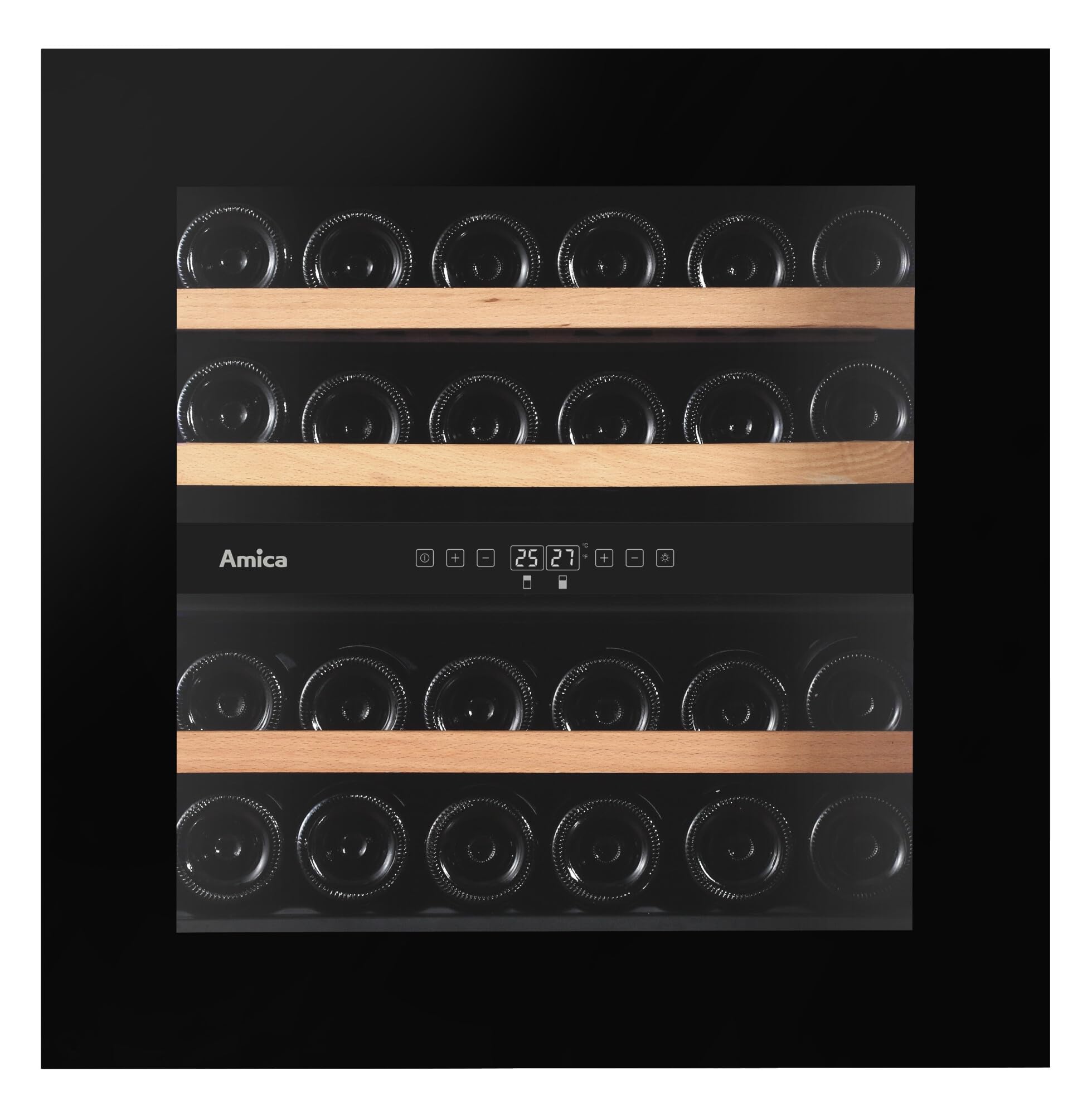 Amica Weintemperierschrank freistehend 63 l X‑Type Design 26‑Flaschen‑Kapazität 2 Temperaturzonen elektronische Steuerung – Weinkuehlschrank Freistehend Schwarz