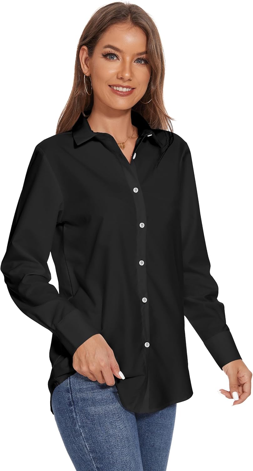YAMANMAN Women Button Down Dress Shirts Long Sleeve Collared Blouses Wrinkle-Free Solid Work Tops - Image 4