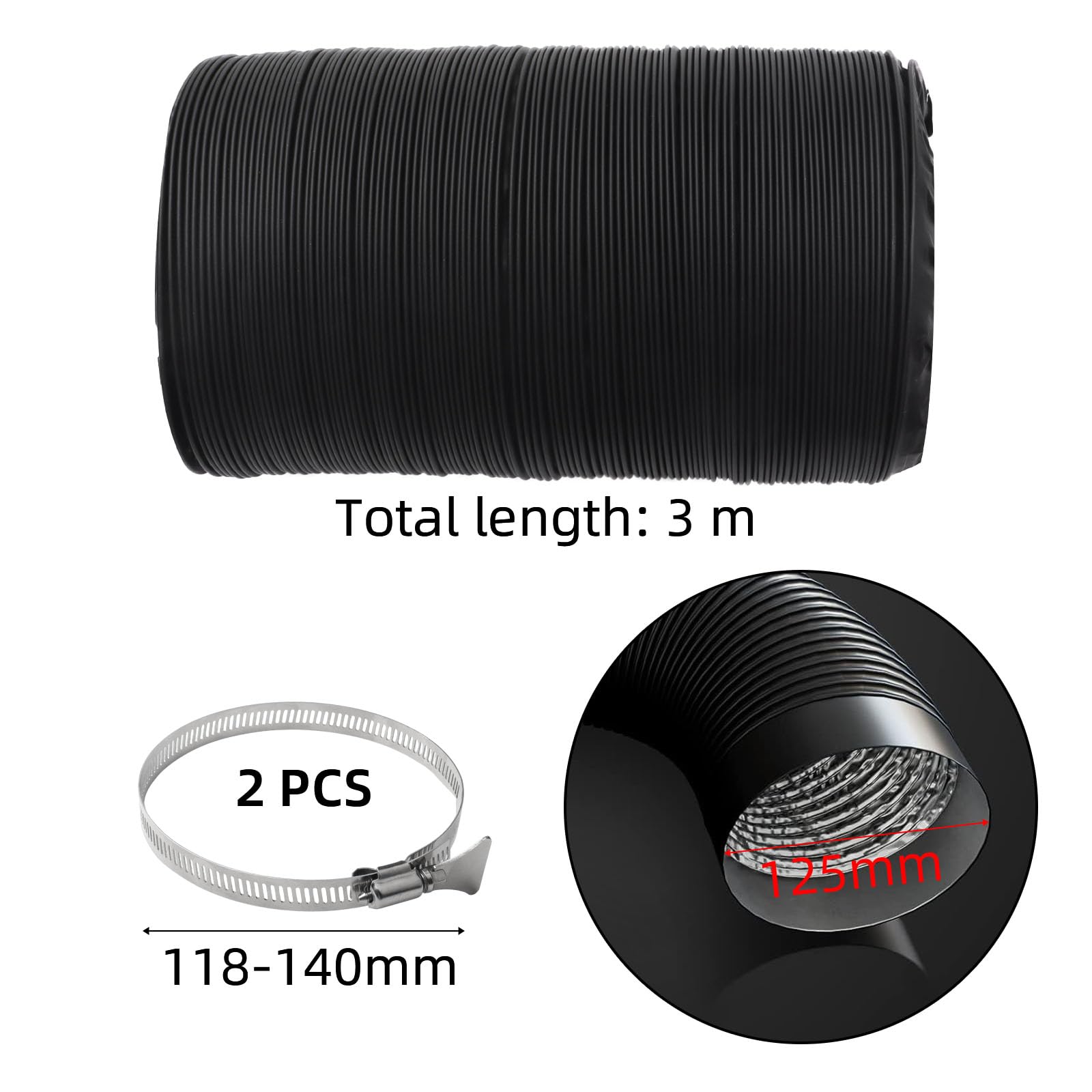 3 m Tubo Flexible de Salida de Aire 125 mm Tubo Aire con 2 Abrazaderas Acero Flexible di Aluminio PVC para Extractor de Aire Climatización Secadora Conducto de Aire de Ventilación Sistemas