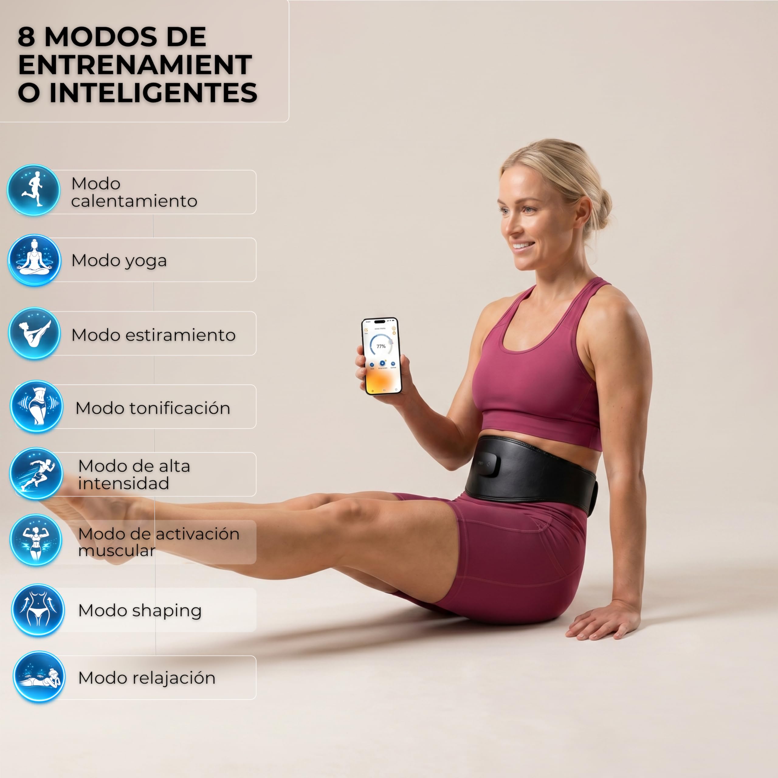 Vulpés Cinturón EMS Inteligente Core con App – Abdominales y Zona Lumbar, electroestimulación controlada para Fitness y recuperación (6 electrodos, 8 Modos).