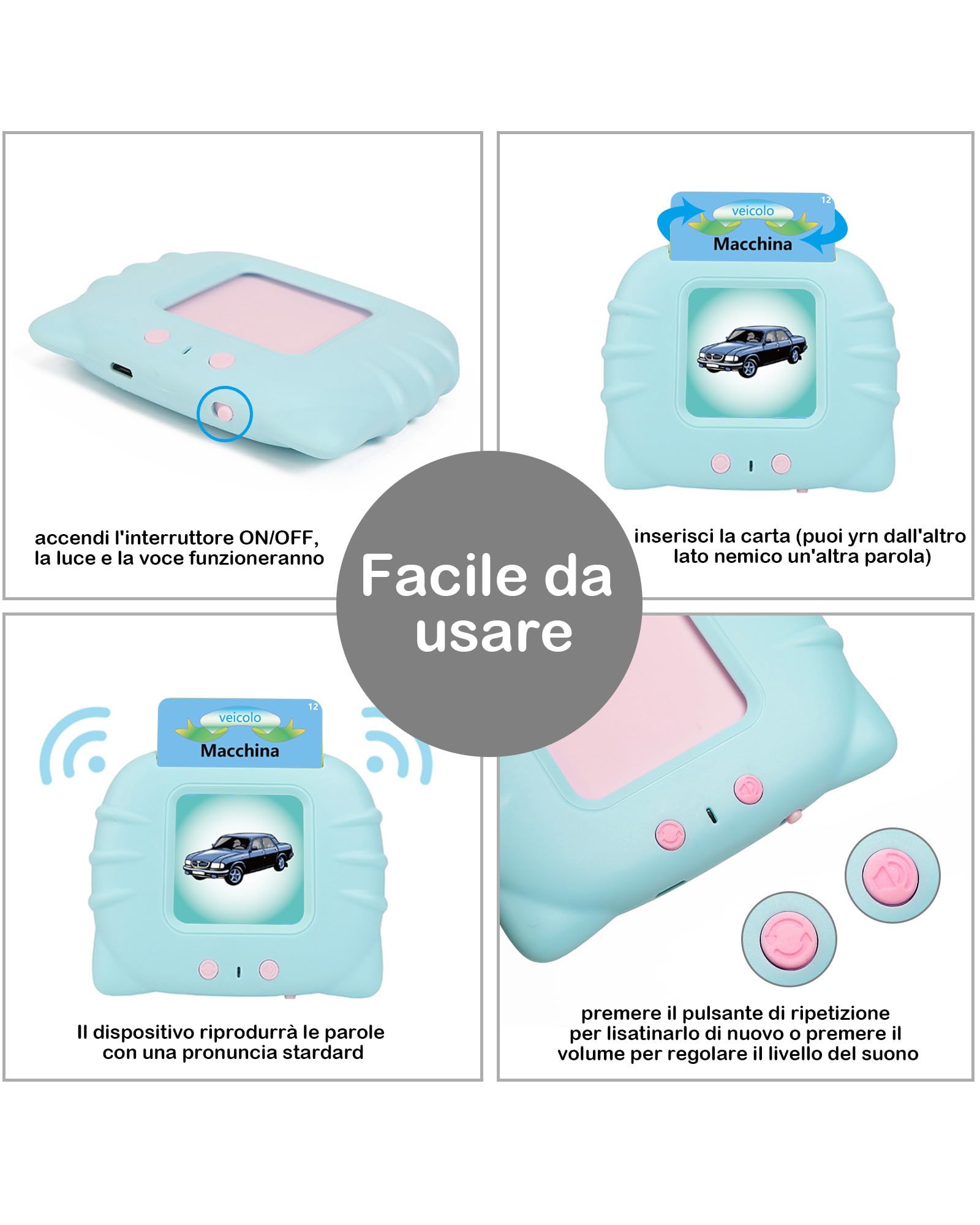 Schede flash parlanti, giocattoli per bambini da 1 a 12 anni, giocattoli educativi per bambini in età prescolare, per l'ascolto e l'apprendimento di base, 224 parole (colore azzurro, in italiano)