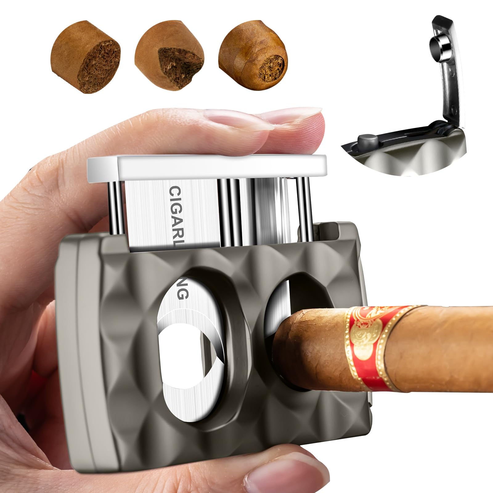 Cigar Cutter Stainless Steel Multifunctional 4-in-1,Cigar V-Cutter Double Blade Guillotine,Straight Cut&V-Cutter with Cigar Punch, Cigar Holder, Gift for Men (Grey)
